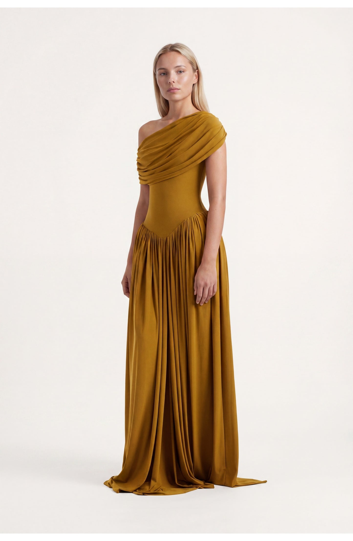 Dames Maxi Jurk | Off-Shoulder Drapering | Geplooide Rok