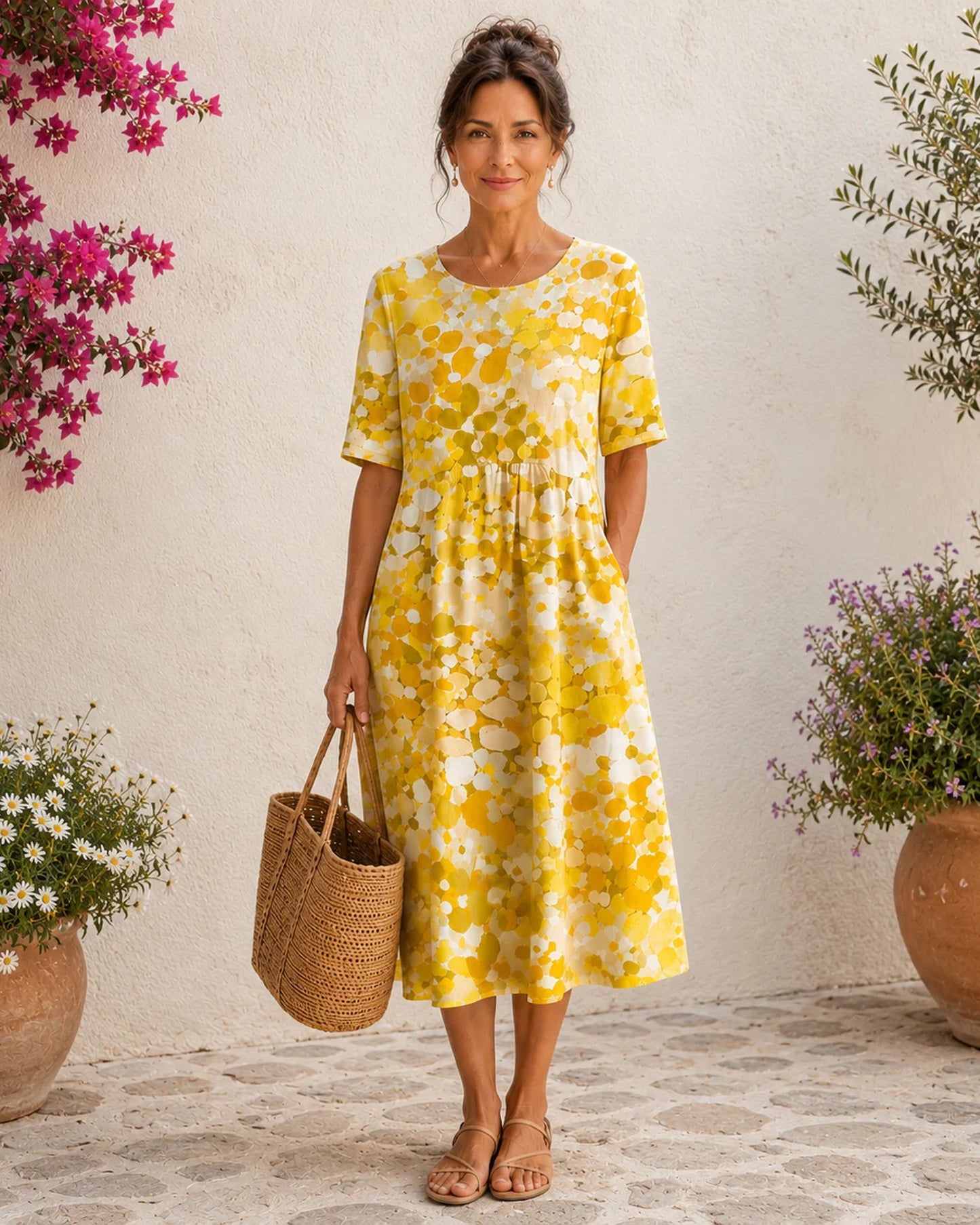 Aimée-Marceline Dames Midi Jurk | Gekleurde Stippenprint | Korte Mouwen
