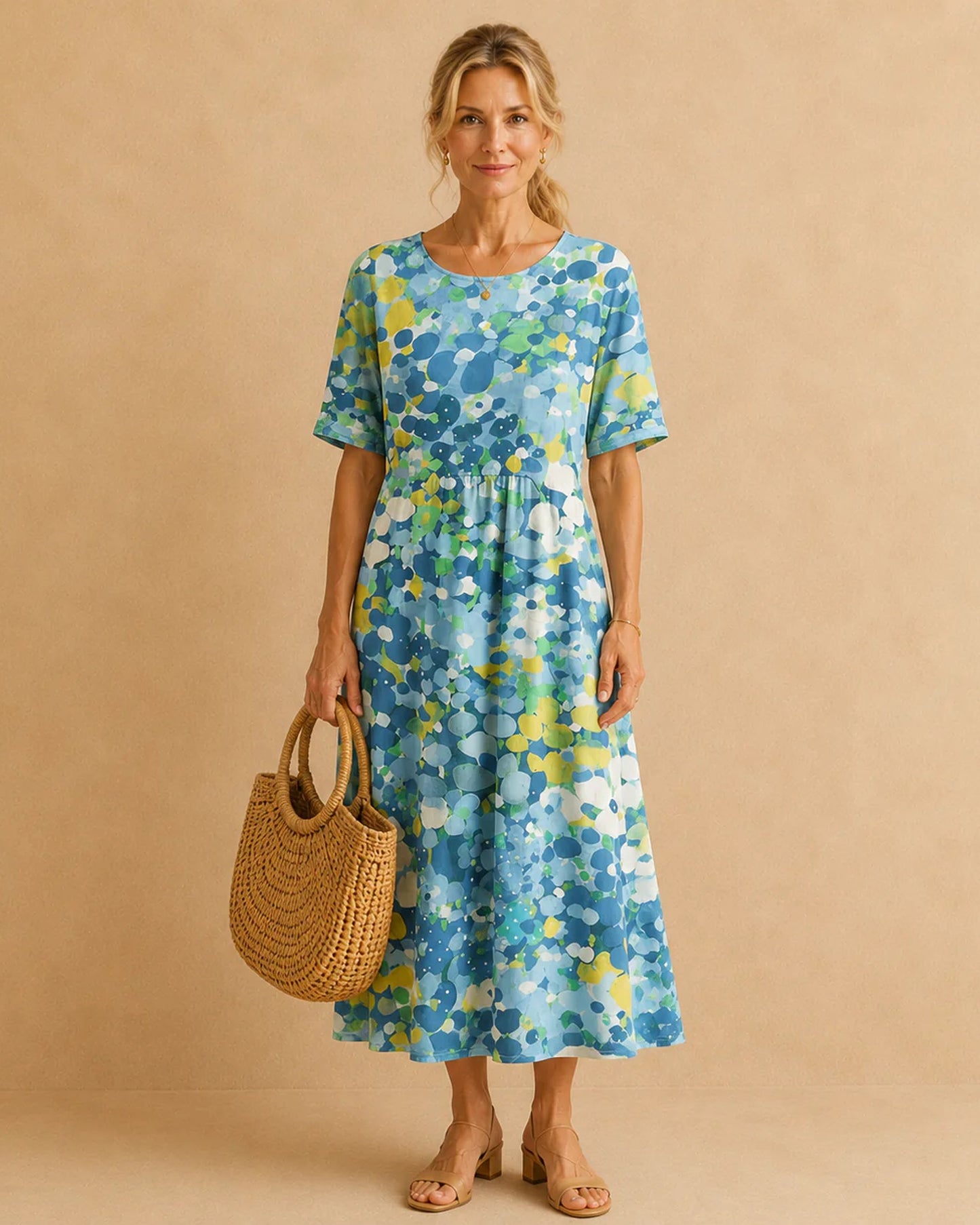 Aimée-Marceline Dames Midi Jurk | Gekleurde Stippenprint | Korte Mouwen