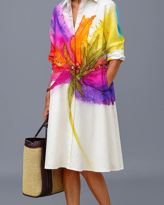 Laurence Dames Midi Jurk | Aquarel Bloemenprint | Klassieke Kraag en Halflange Mouwen