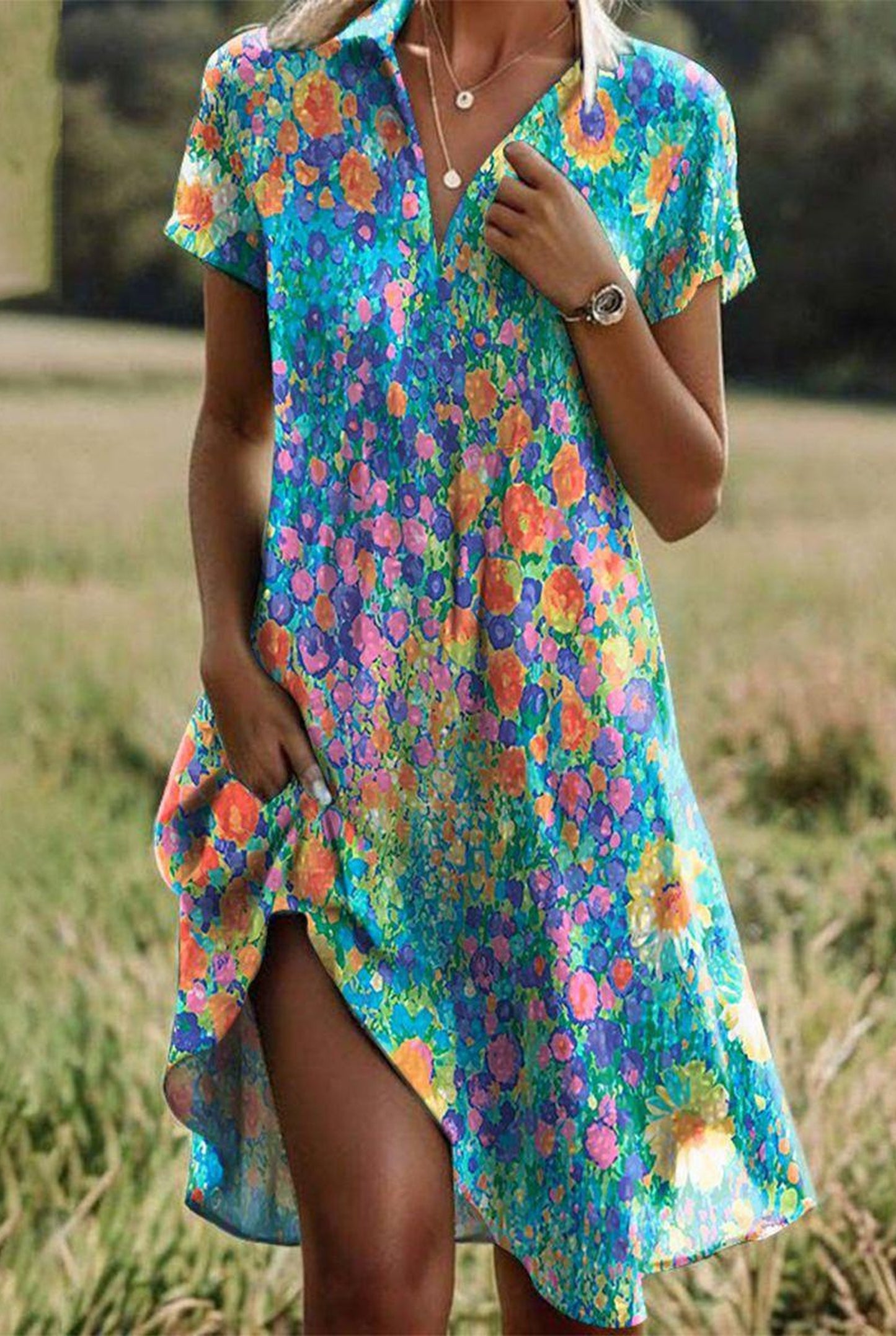 Brunissende Dames Midi Jurk | Gelaagde Franje | V-Hals