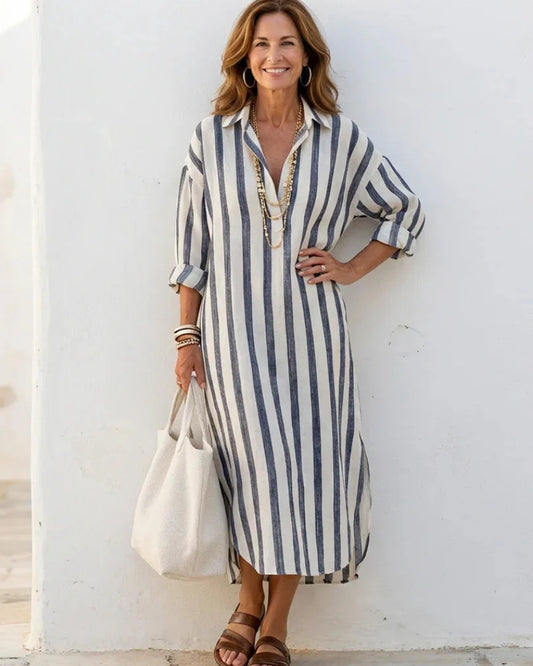 Anceline Women's Maxi Dress | Vertical Stripe Print | Roll-up Sleeves