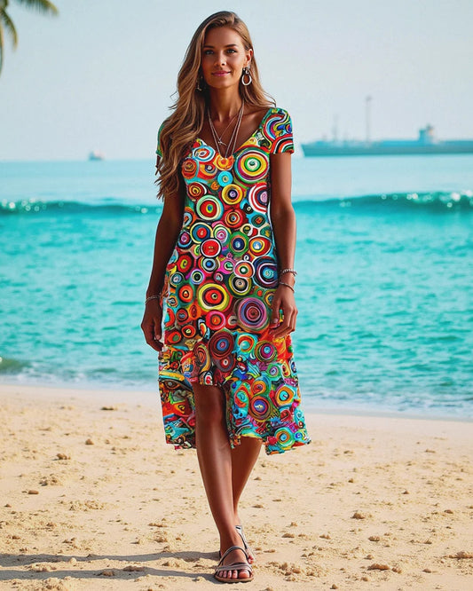 Mazarine Dame Midi Kjole | Farverige Cirkler Print | Asymmetriske Kant