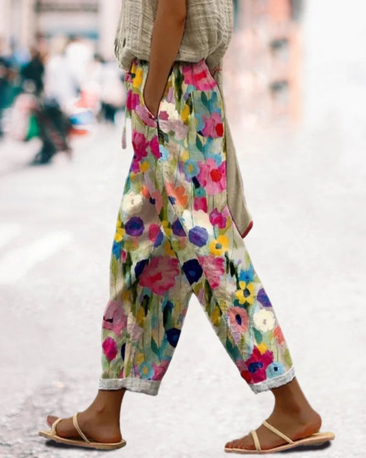 Ombelline Dames Broek | Kleurrijke Bloemenprint | Opgerolde Pijpen