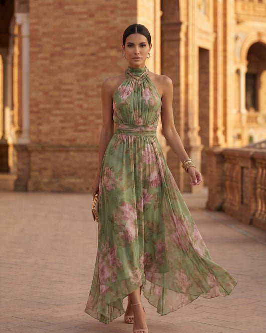 Walburge Dames Midi Kjole | Halterneck | Blomsterprint