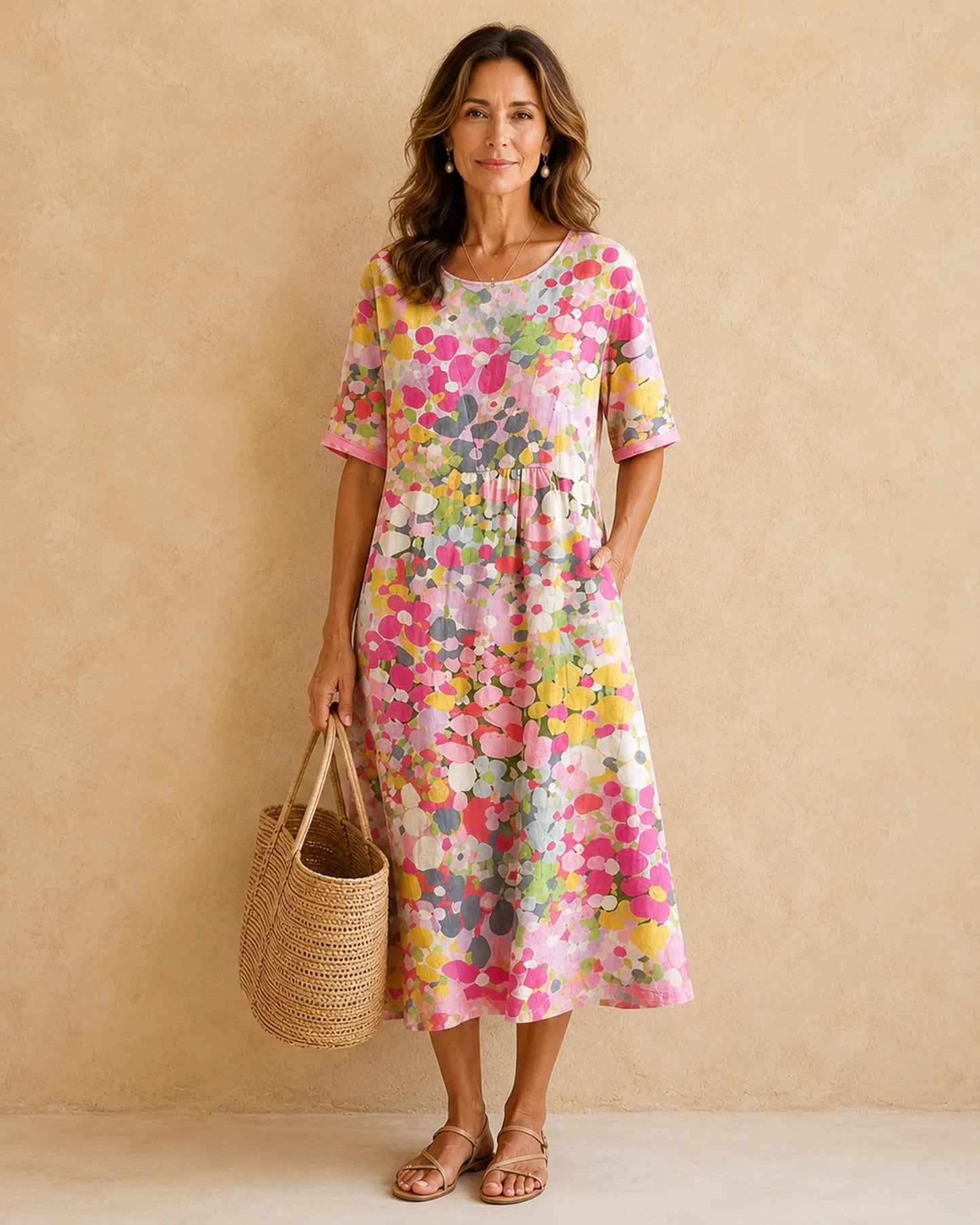 Aimée-Marceline Dames Midi Jurk | Gekleurde Stippenprint | Korte Mouwen