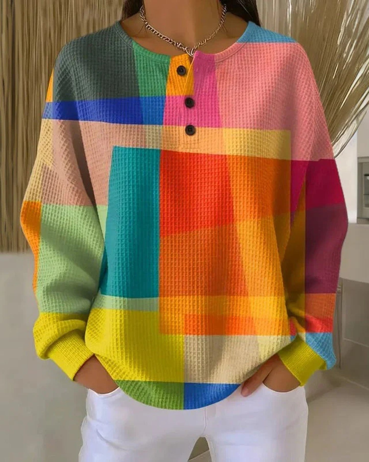 Maïlys Dames Trui | Kleurrijk Blokpatroon | Henley Kraag