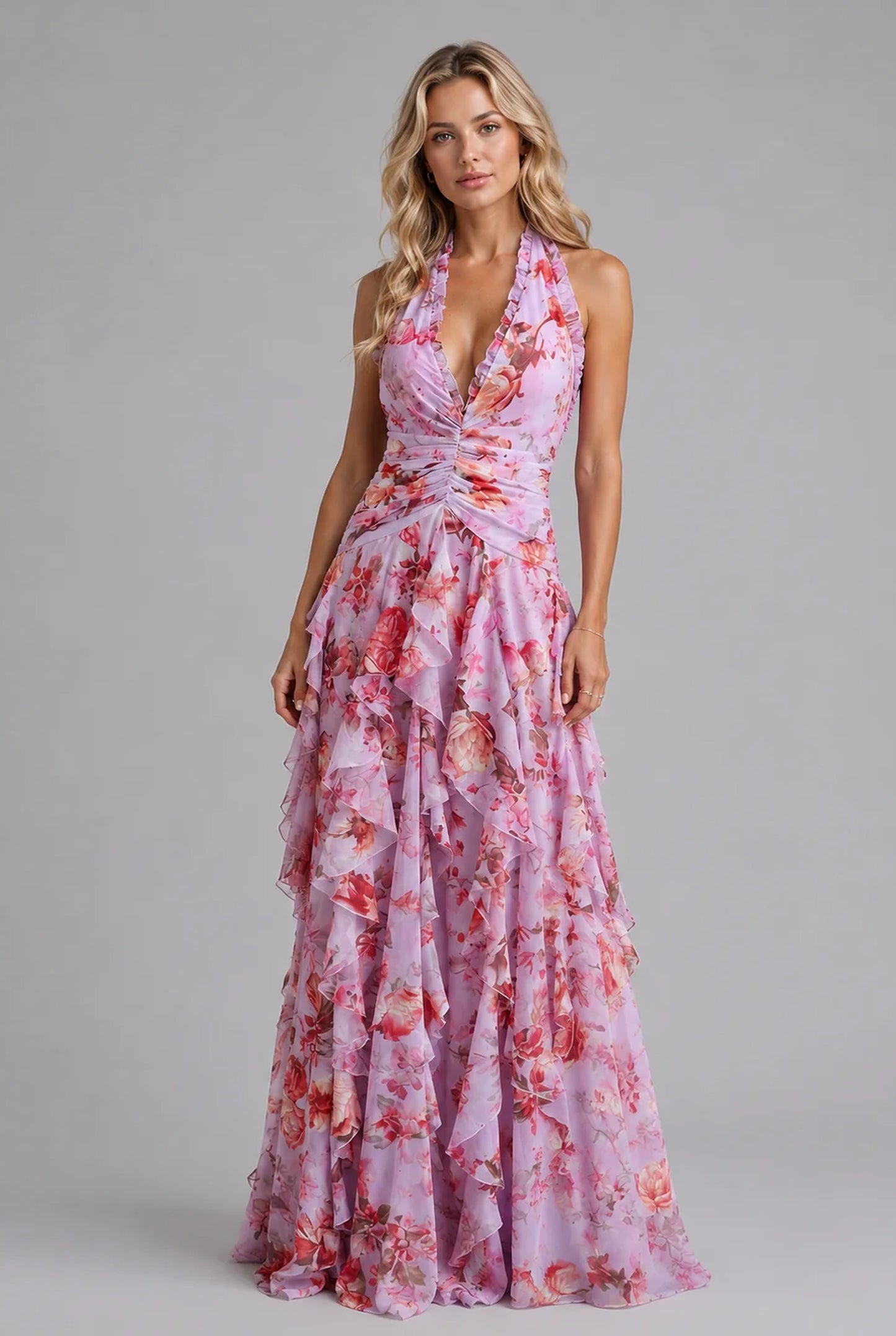 Maëline Dames Maxi Kjole | Dyb Halter V-Hals | Lagdelte Ruffles Nederdel