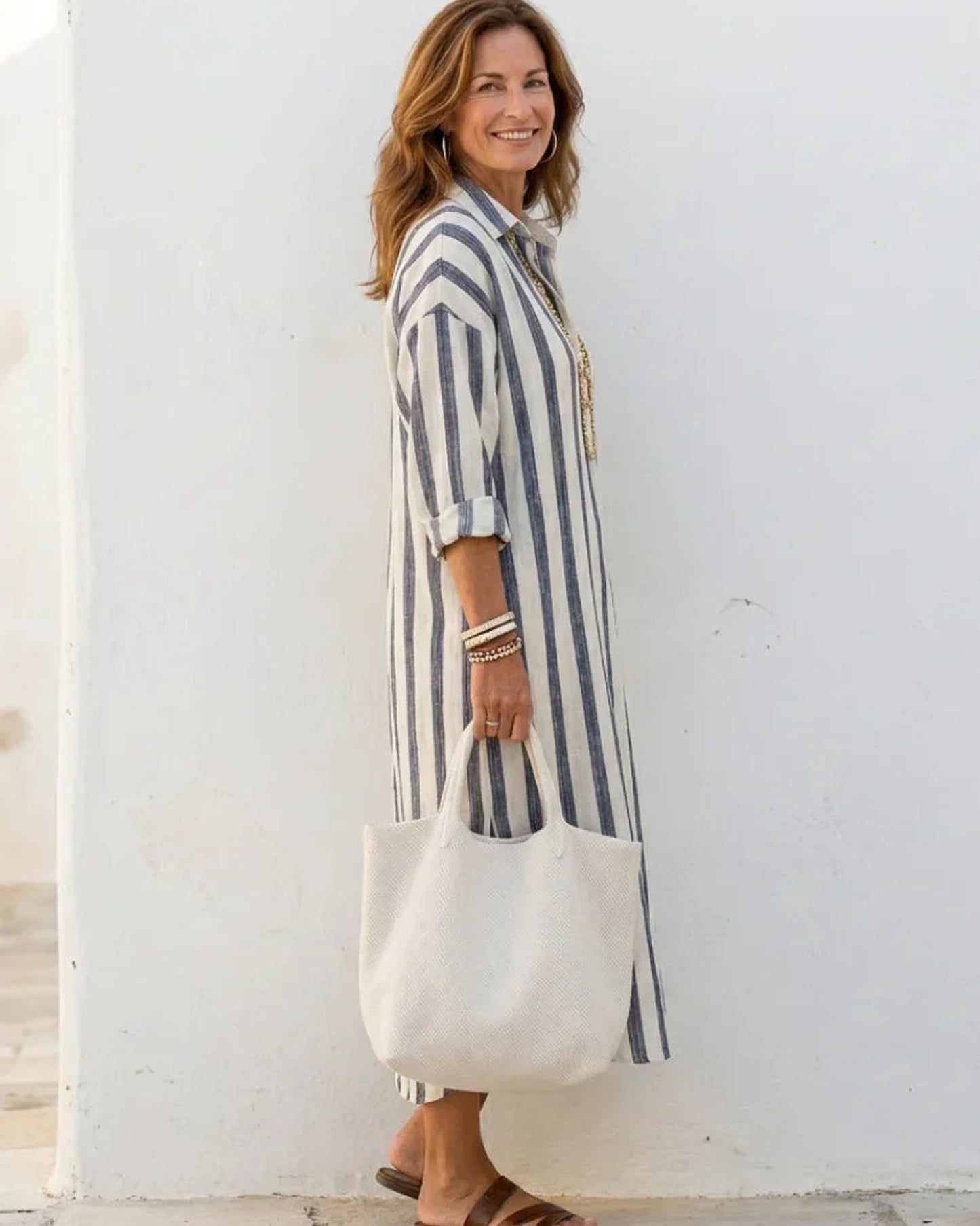 Anceline Dames Maxi Jurk | Verticale Streepprint | Oprolbare Mouwen