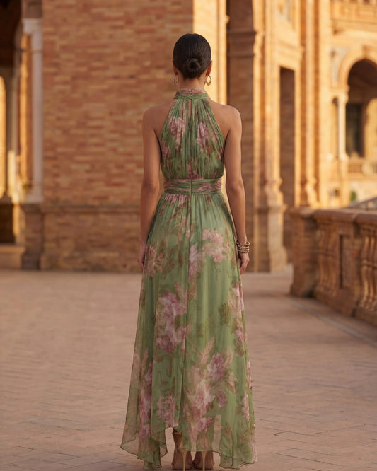 Walburge Dames Midi Kjole | Halterneck | Blomsterprint