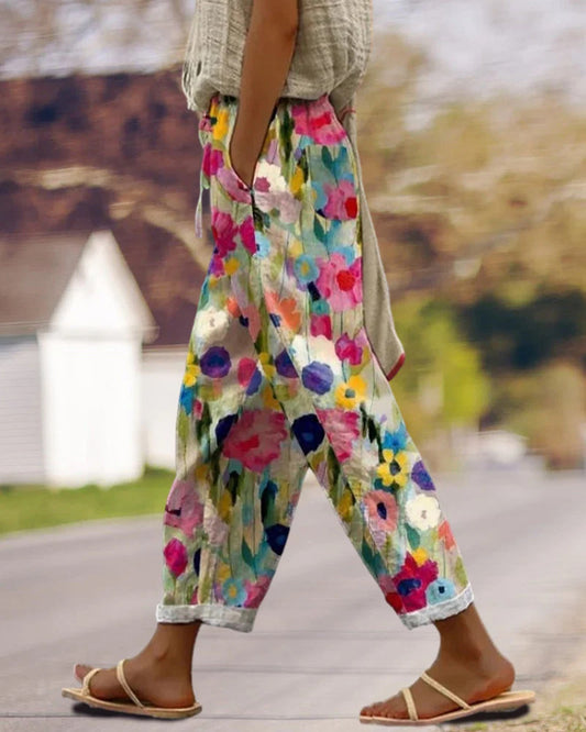 Ombelline Dames Broek | Kleurrijke Bloemenprint | Opgerolde Pijpen
