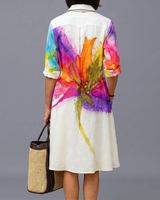 Laurence Dames Midi Jurk | Aquarel Bloemenprint | Klassieke Kraag en Halflange Mouwen