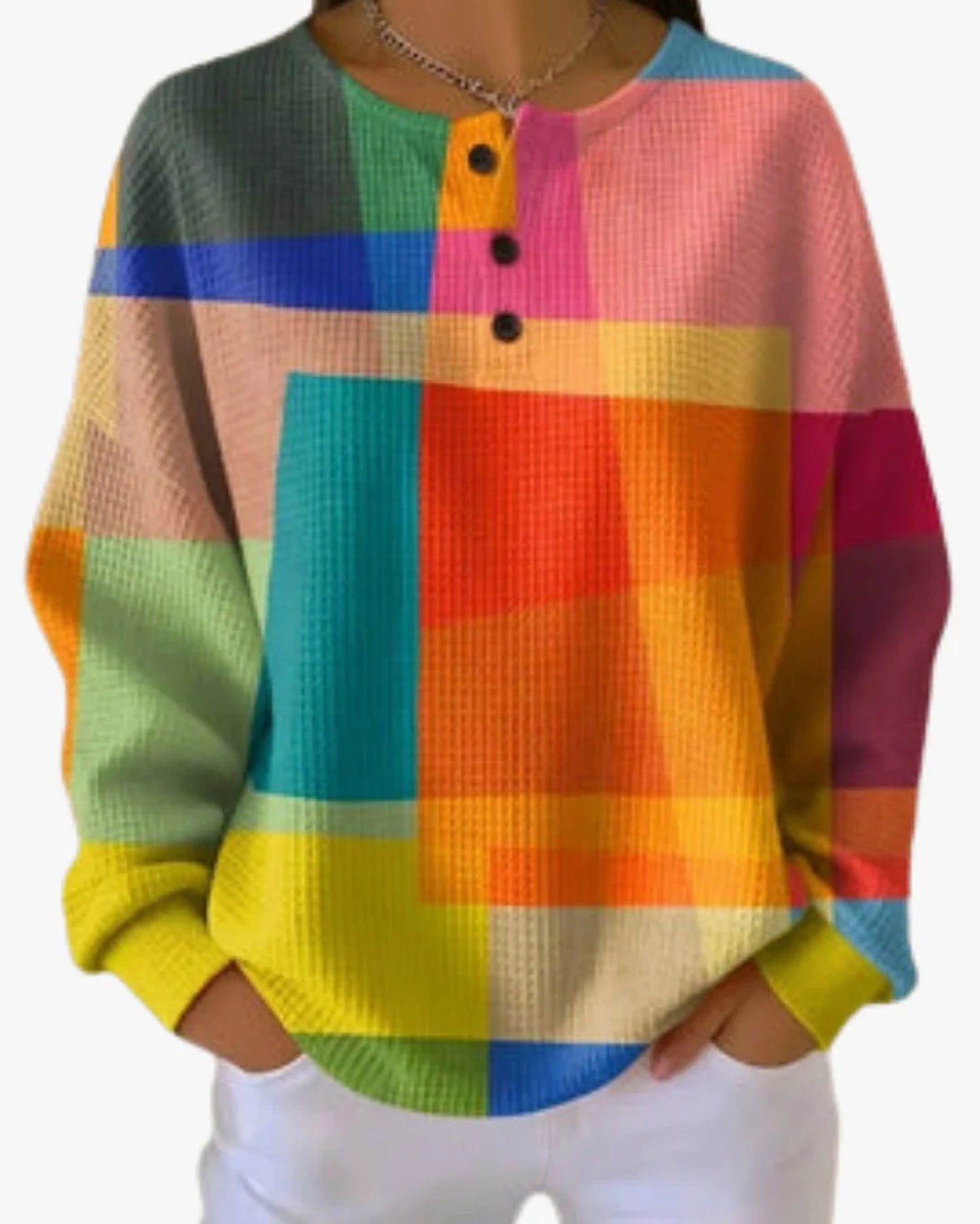 Maïlys Dames Trui | Kleurrijk Blokpatroon | Henley Kraag