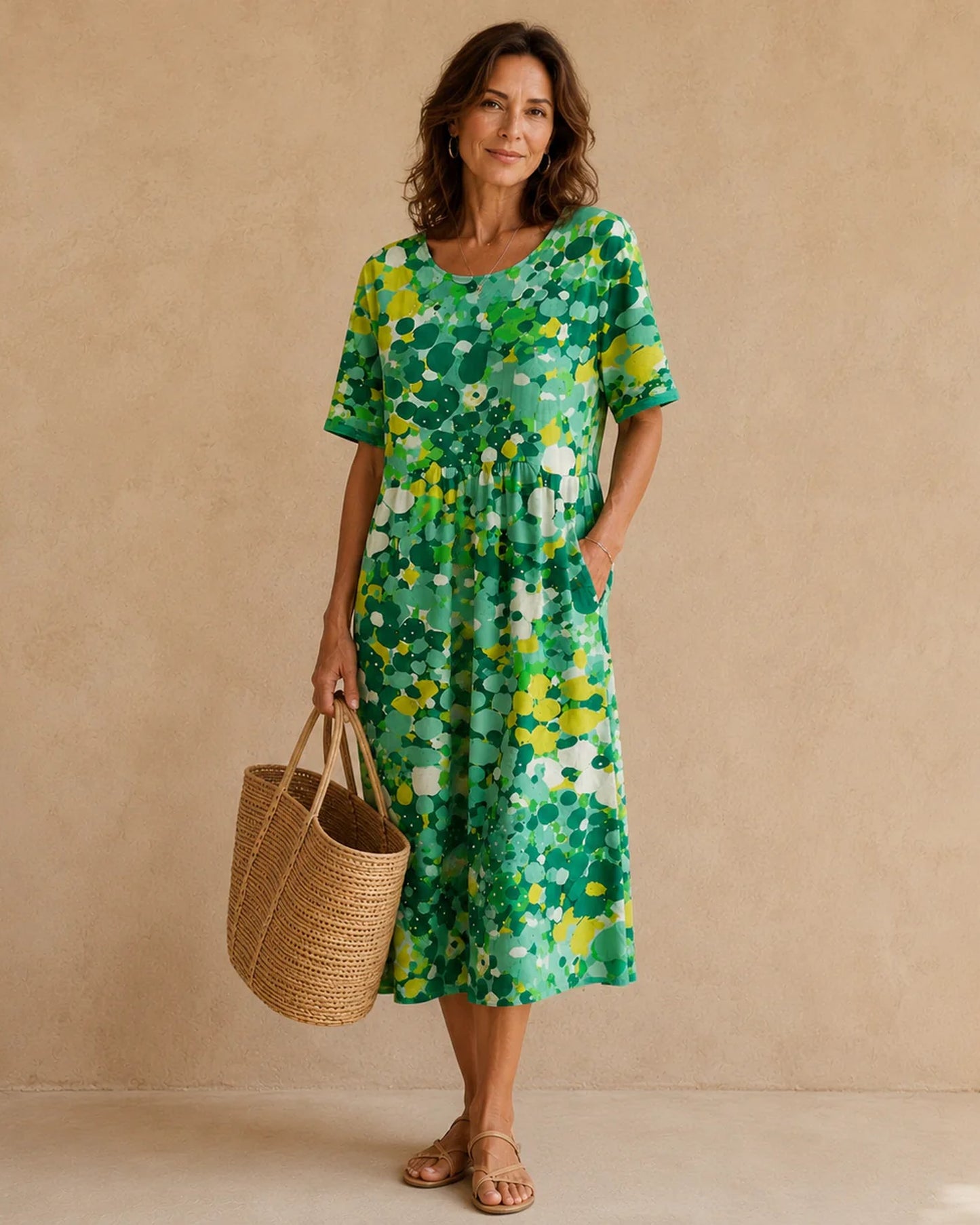 Aimée-Marceline Dames Midi Jurk | Gekleurde Stippenprint | Korte Mouwen