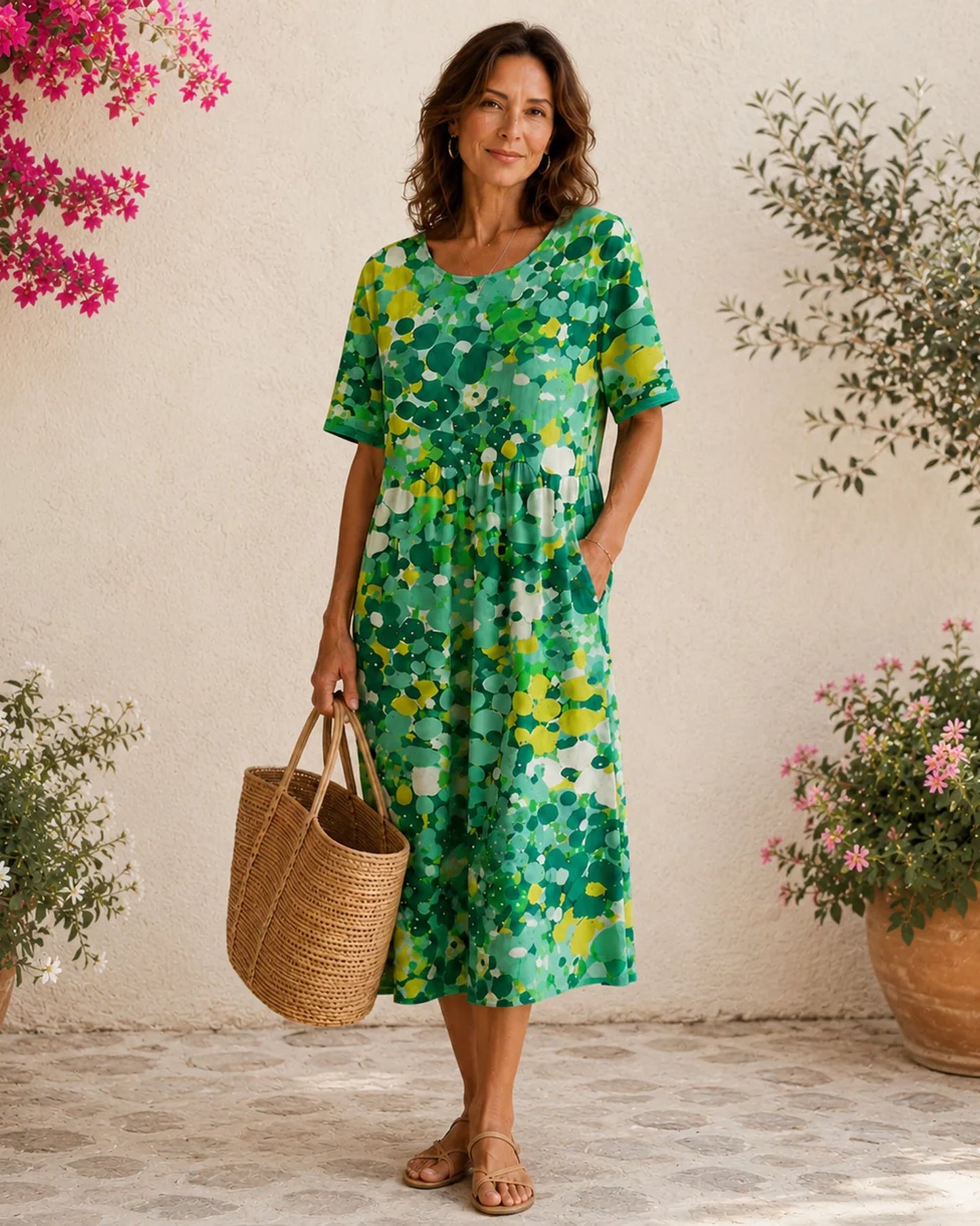 Aimée-Marceline Dames Midi Jurk | Gekleurde Stippenprint | Korte Mouwen