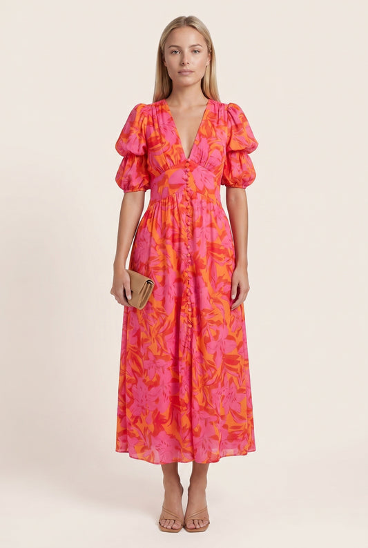 Dames Midi Jurk | V-Hals met Knoopdetail | Ballonmouwen