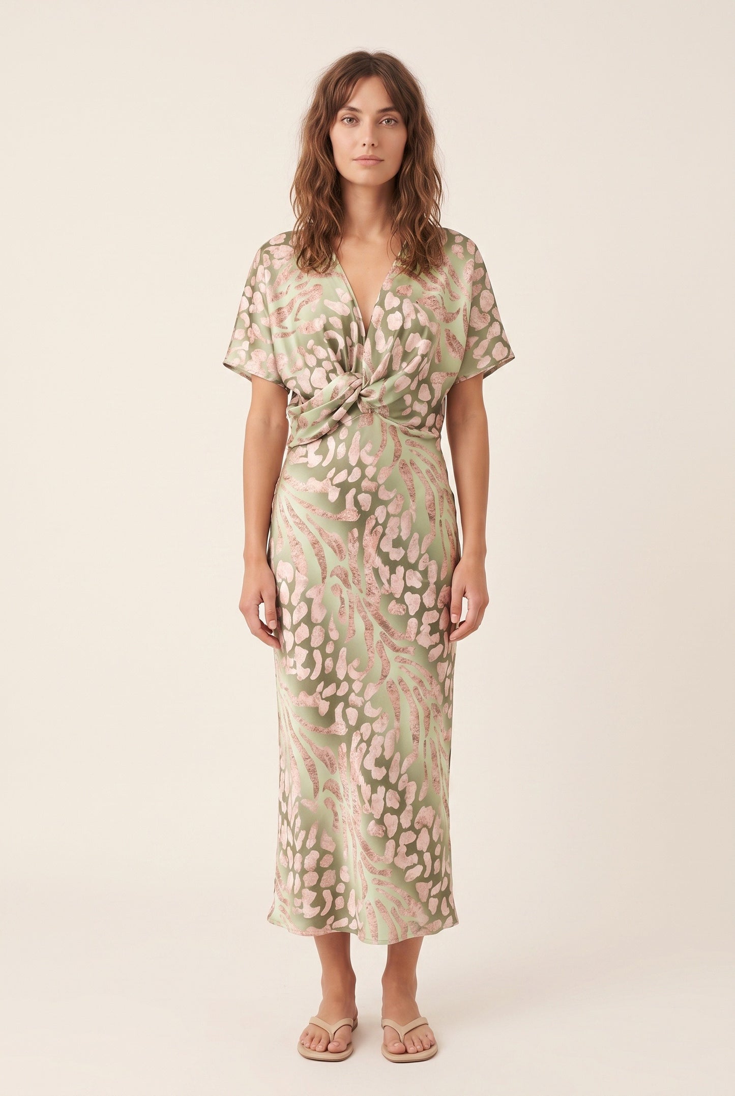 Women's Midi Dress | Deep V-Neck | Twisted Waist Detail