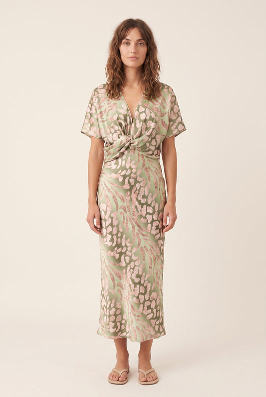 Women's Midi Dress | Deep V-Neck | Twisted Waist Detail