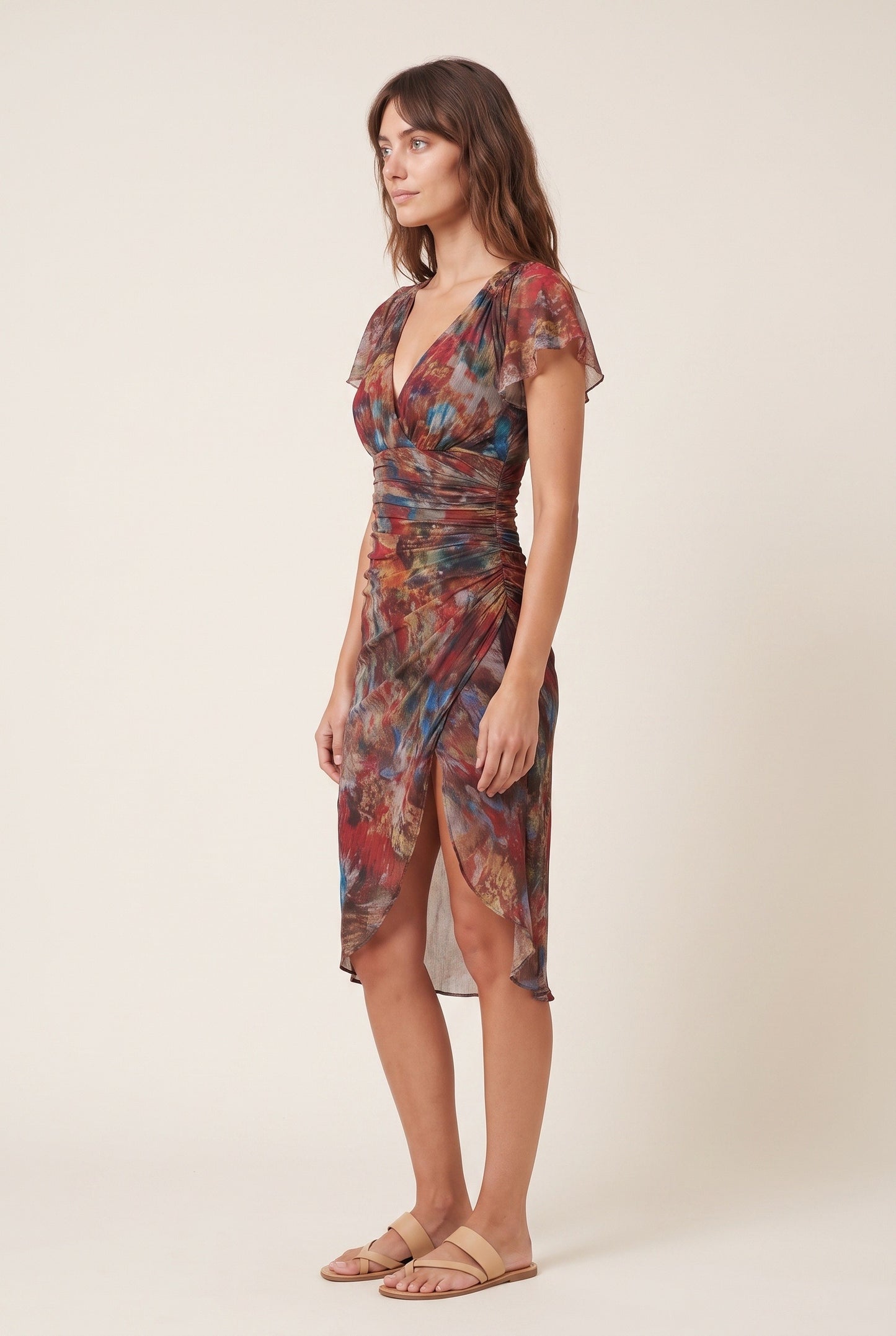 Dames Midi Jurk | Diepe V-Hals | Gedrapeerde Ruching
