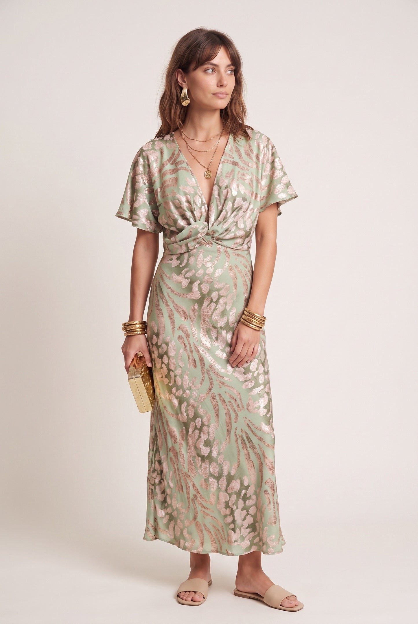 Women's Midi Dress | Deep V-Neck | Twisted Waist Detail