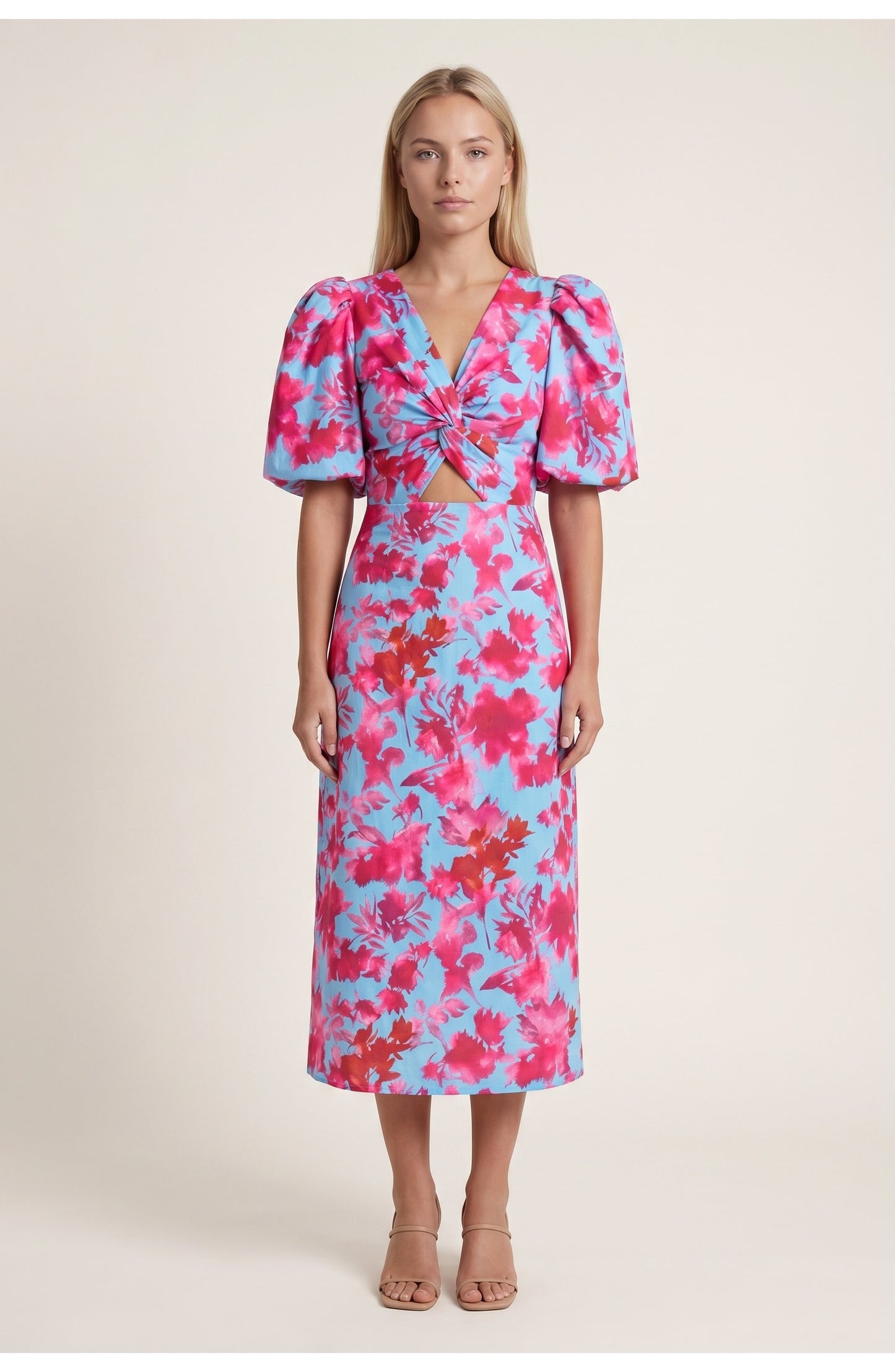 Ariane Dames Midi Jurk | Pofmouwen | Bloemenprint