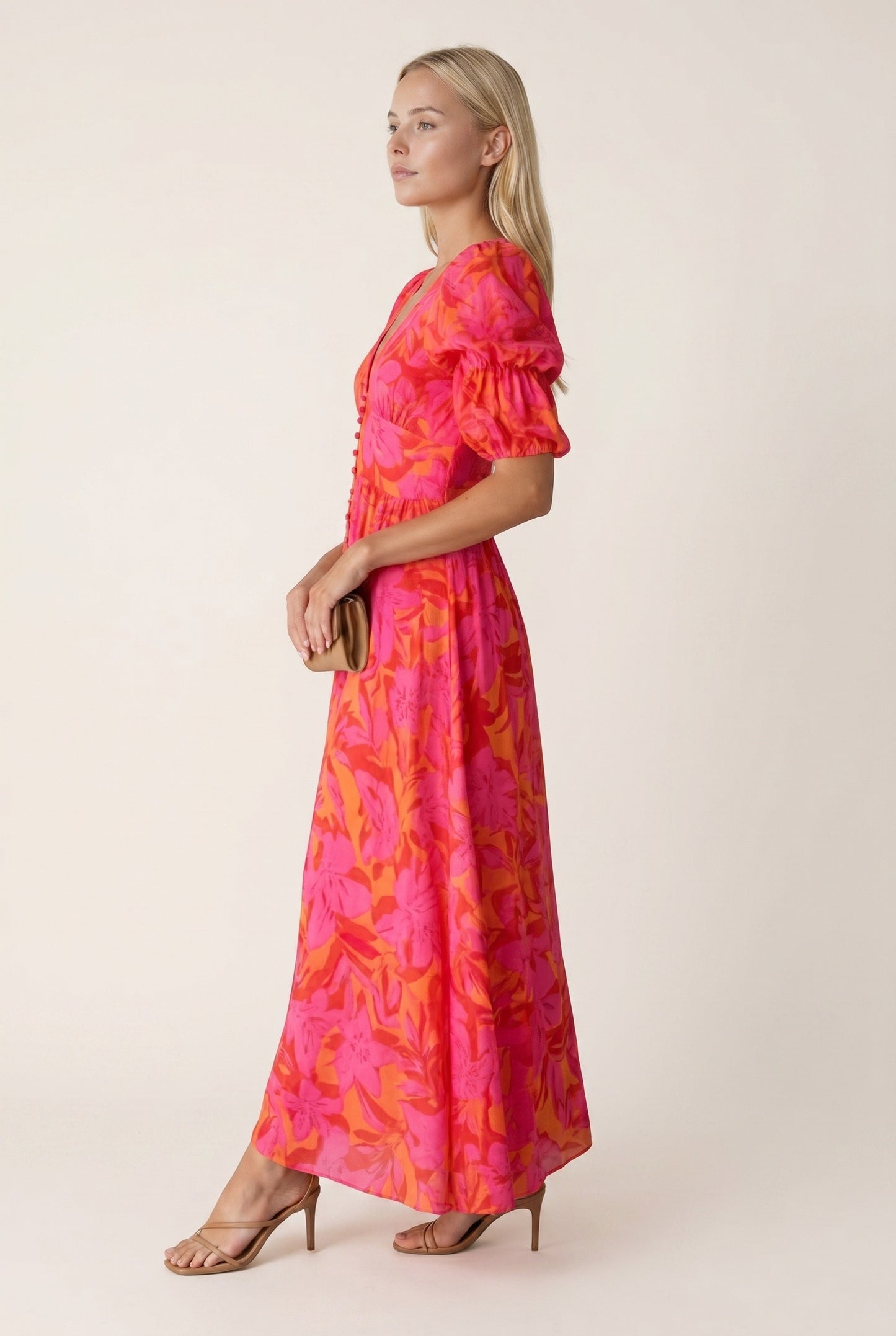 Dames Midi Jurk | V-Hals met Knoopdetail | Ballonmouwen