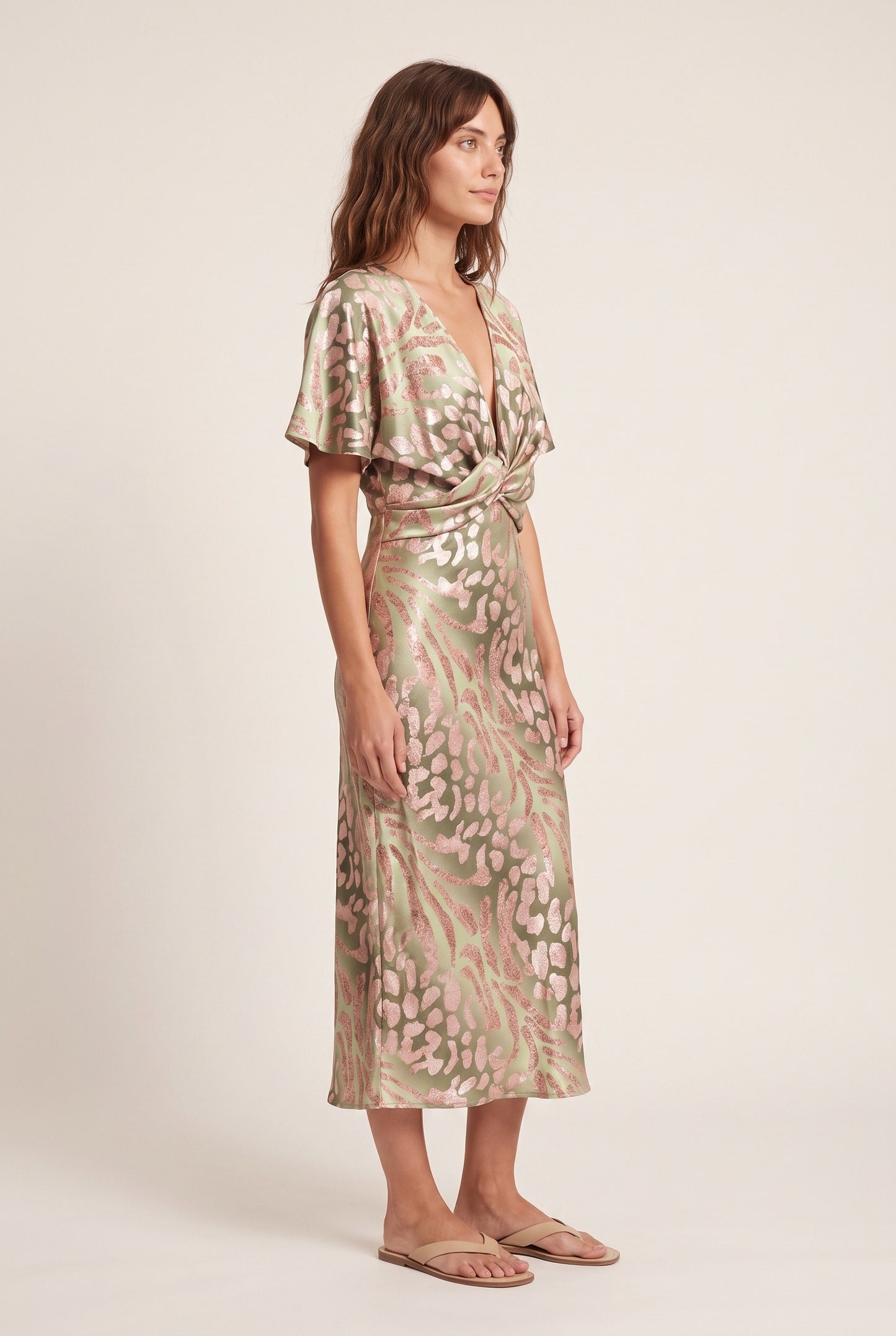 Women's Midi Dress | Deep V-Neck | Twisted Waist Detail