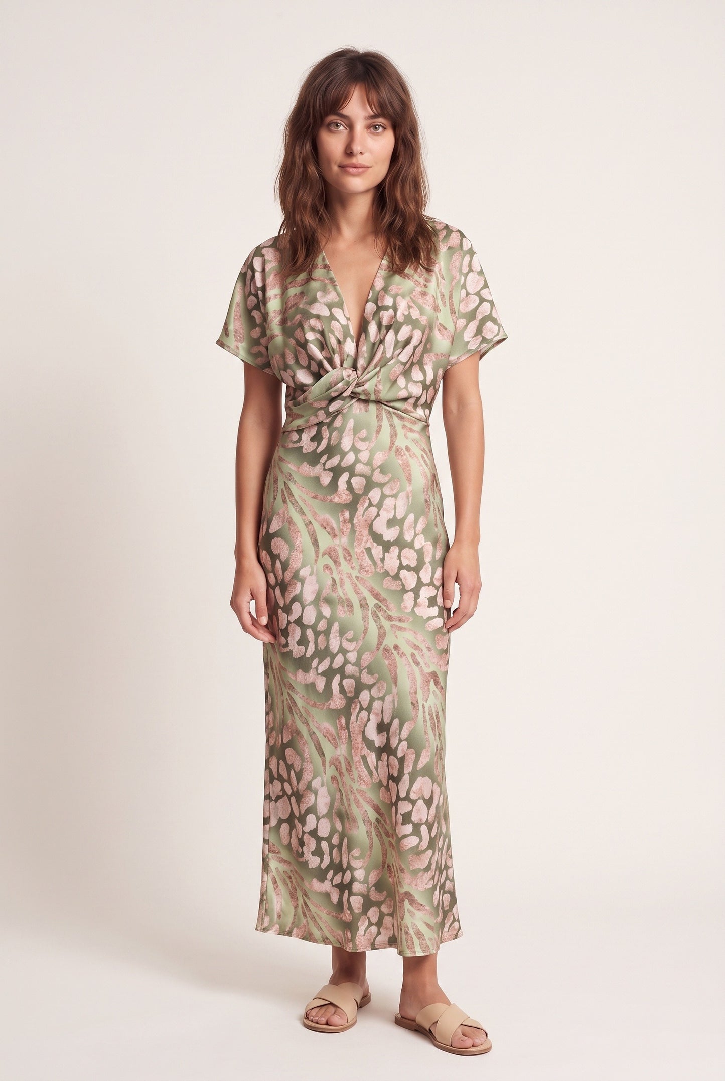 Women's Midi Dress | Deep V-Neck | Twisted Waist Detail