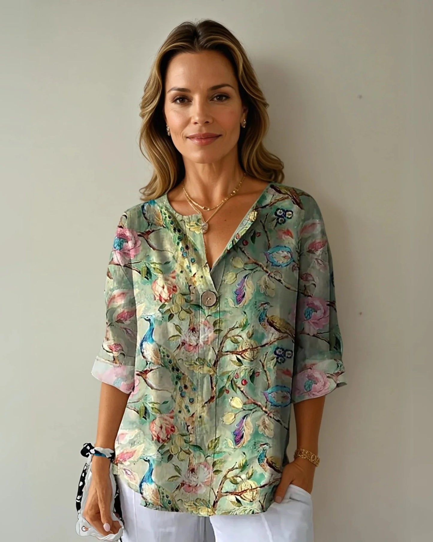 Annabelle Dames Top | Bloemenprint | Driekwart Mouwen
