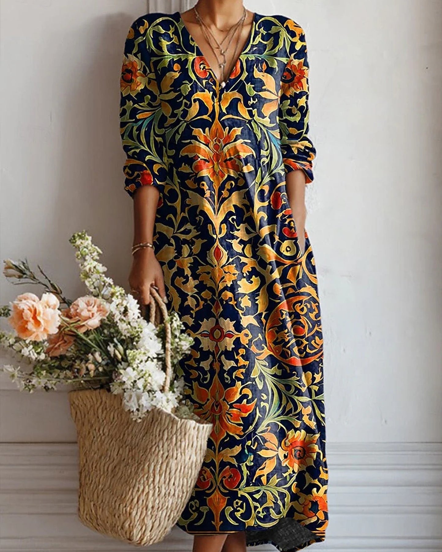 Aleth Dames Midi Kjole | V-Hals | Blomsterprint
