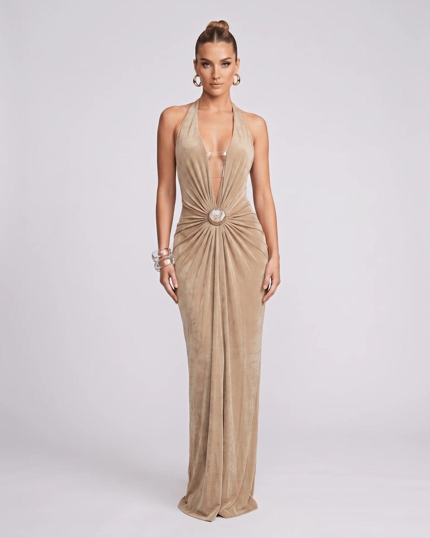 Mathilda Women's Maxi Dress | Deep Halter V-Neck | Draped Waist Brooch