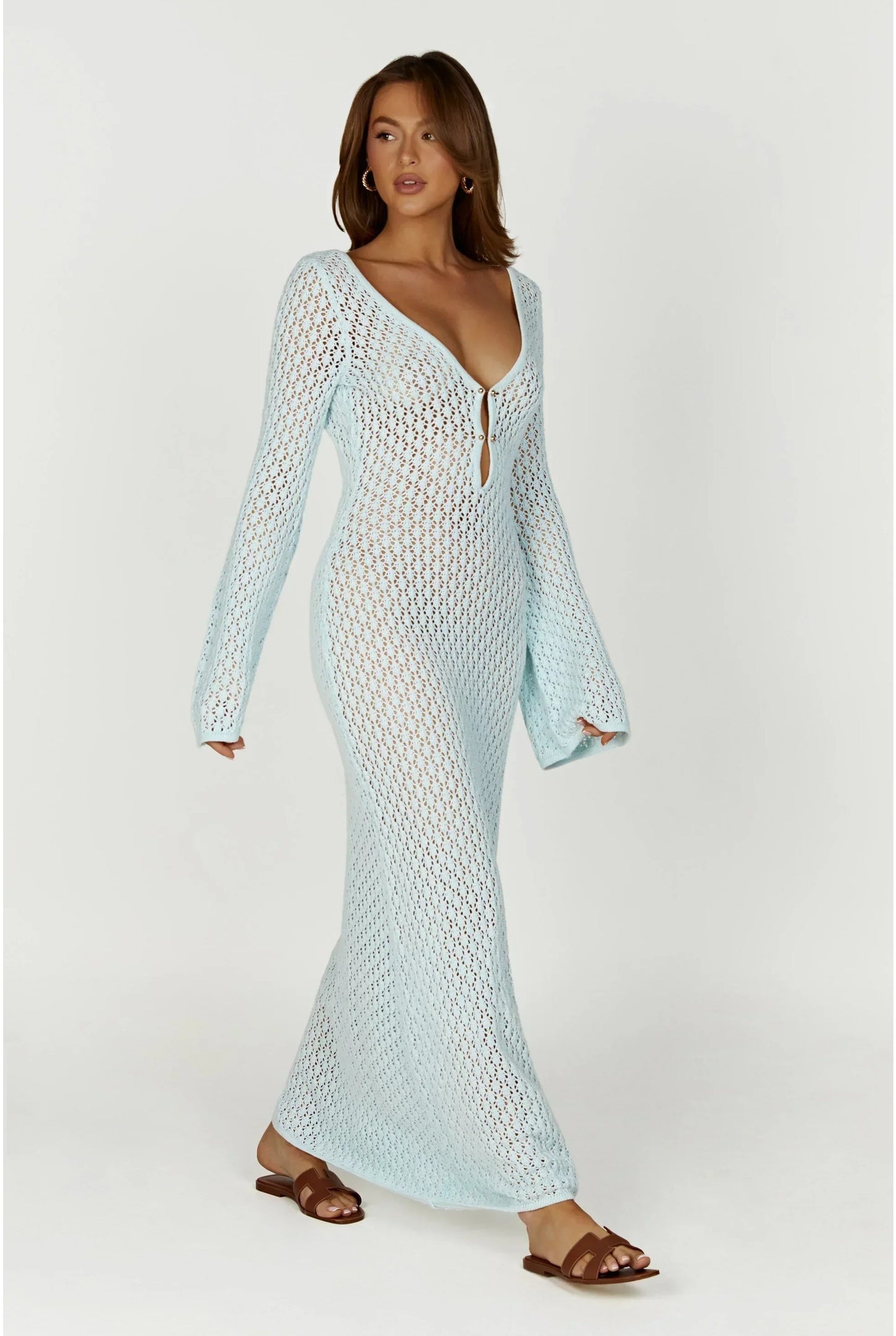 Eloïse Women's Maxi Dress | Crocheted Mesh with Wide Sleeves | Deep V-neck with Tie Detail