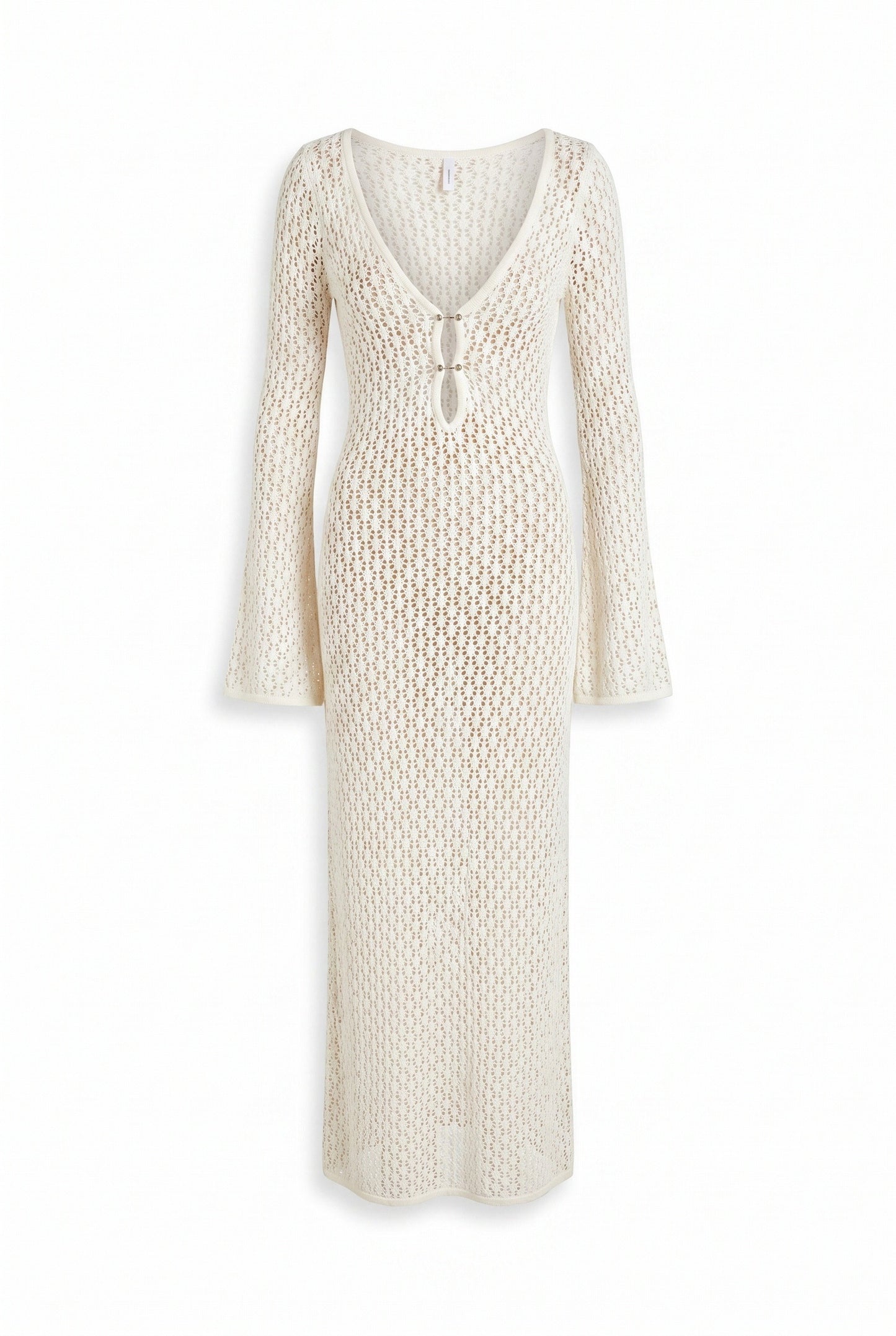 Eloïse Women's Maxi Dress | Crocheted Mesh with Wide Sleeves | Deep V-neck with Tie Detail