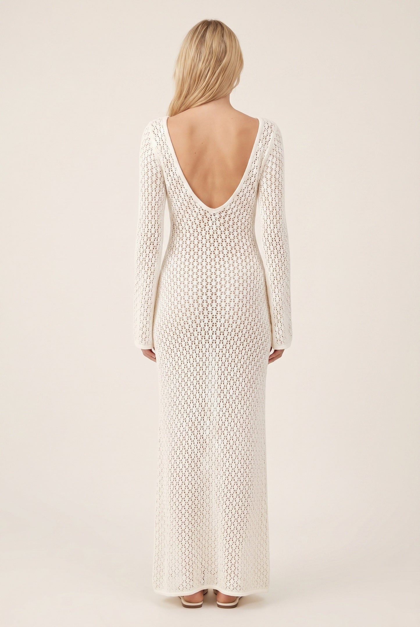 Eloïse Women's Maxi Dress | Crocheted Mesh with Wide Sleeves | Deep V-neck with Tie Detail