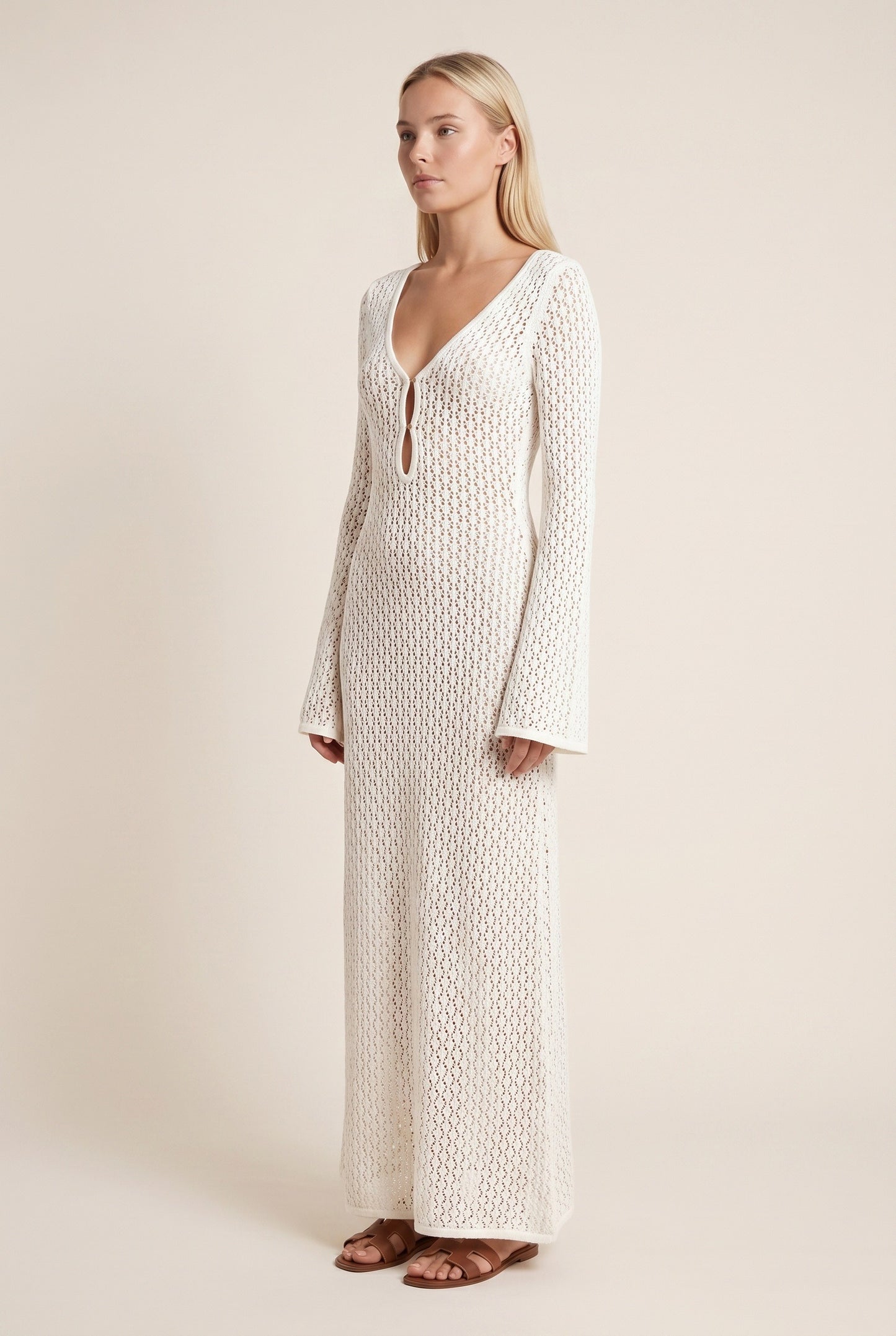 Eloïse Women's Maxi Dress | Crocheted Mesh with Wide Sleeves | Deep V-neck with Tie Detail