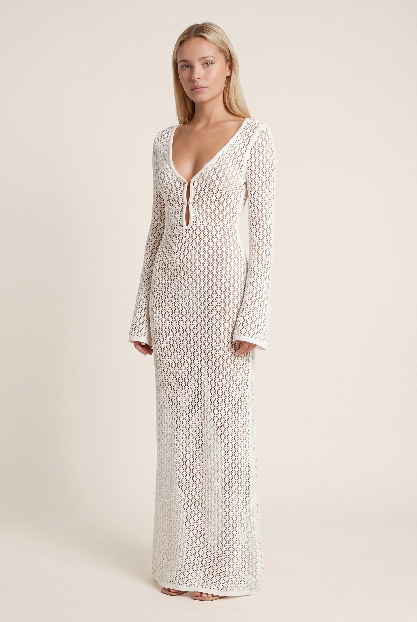 Eloïse Women's Maxi Dress | Crocheted Mesh with Wide Sleeves | Deep V-neck with Tie Detail
