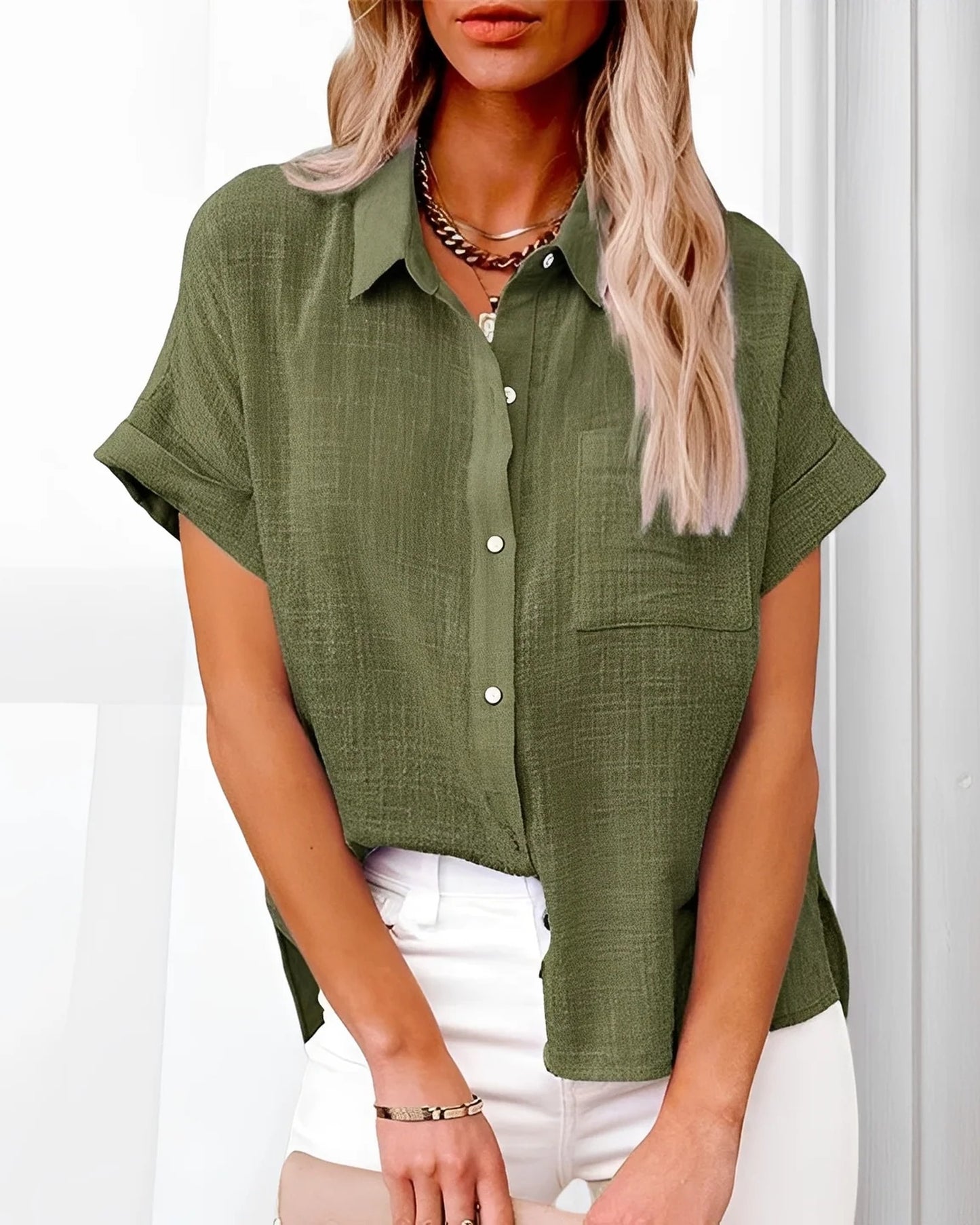 Milène Dames Blouse | Overhemdkraag | Korte Mouwen