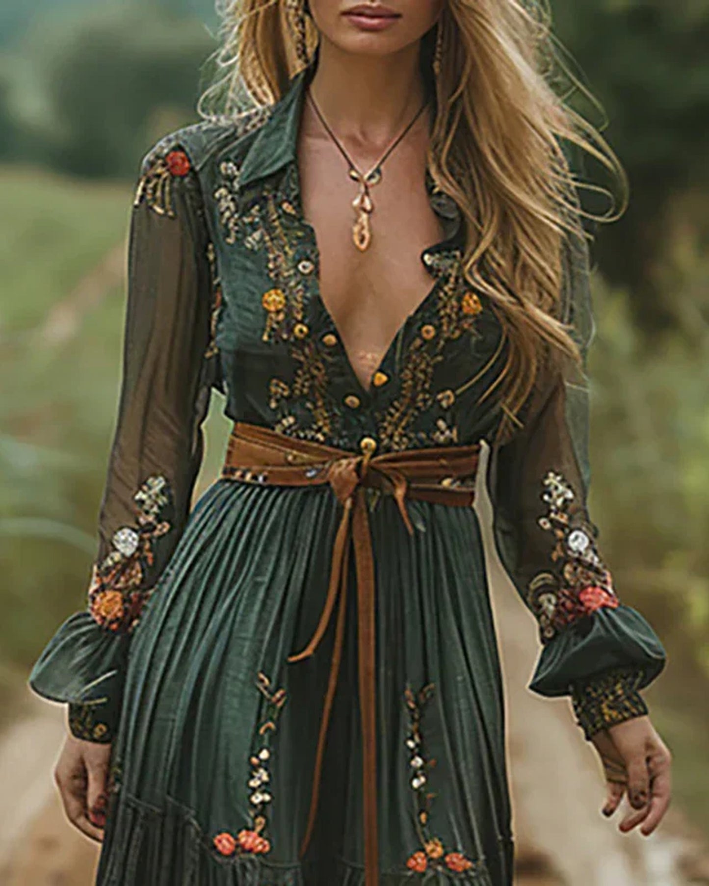 Marie Dames Maxi Jurk | Geborduurde Bloemen | Sheer Mouwen
