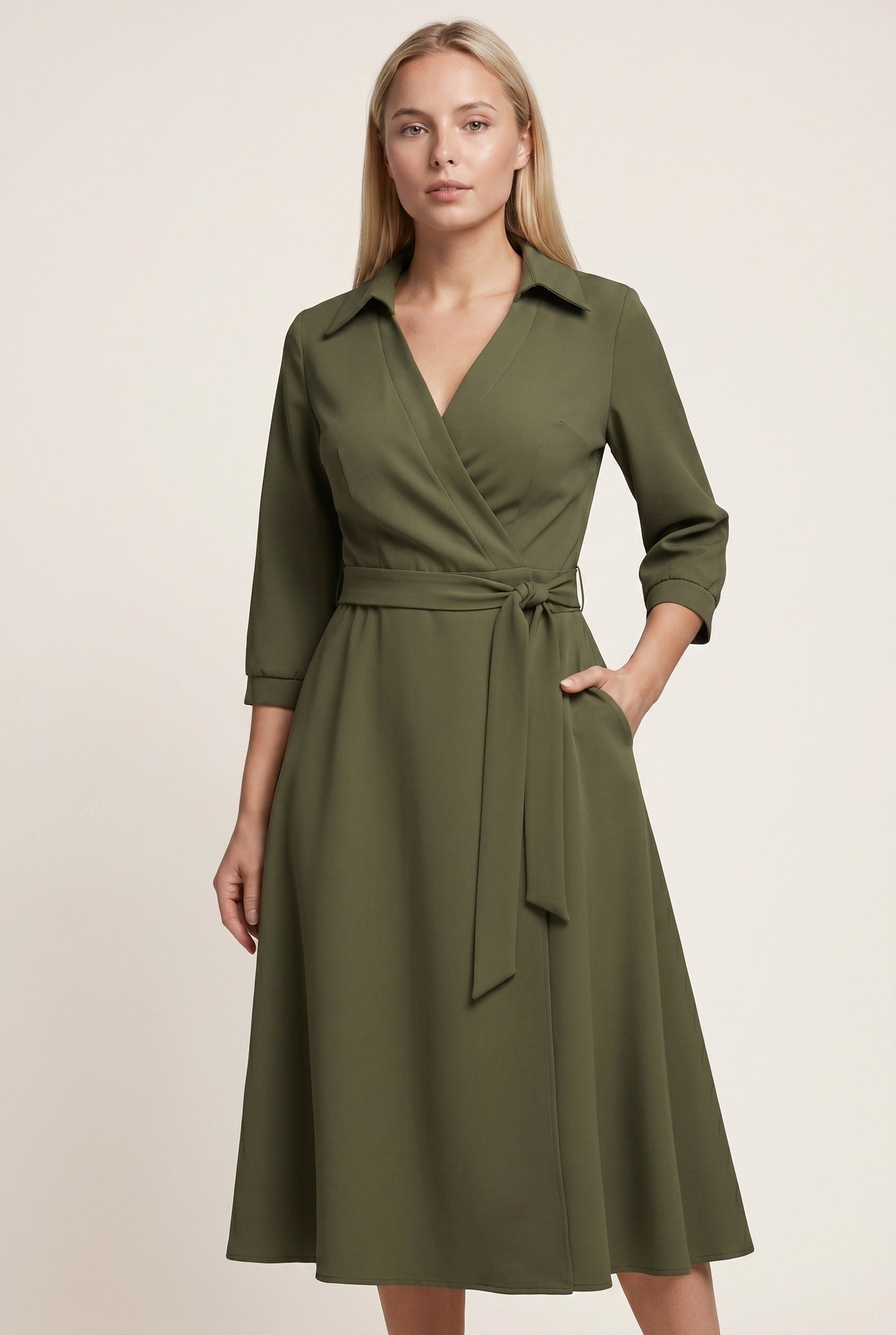 Patricia Dames Midi Jurk | Strikceintuur | Lange Mouwen