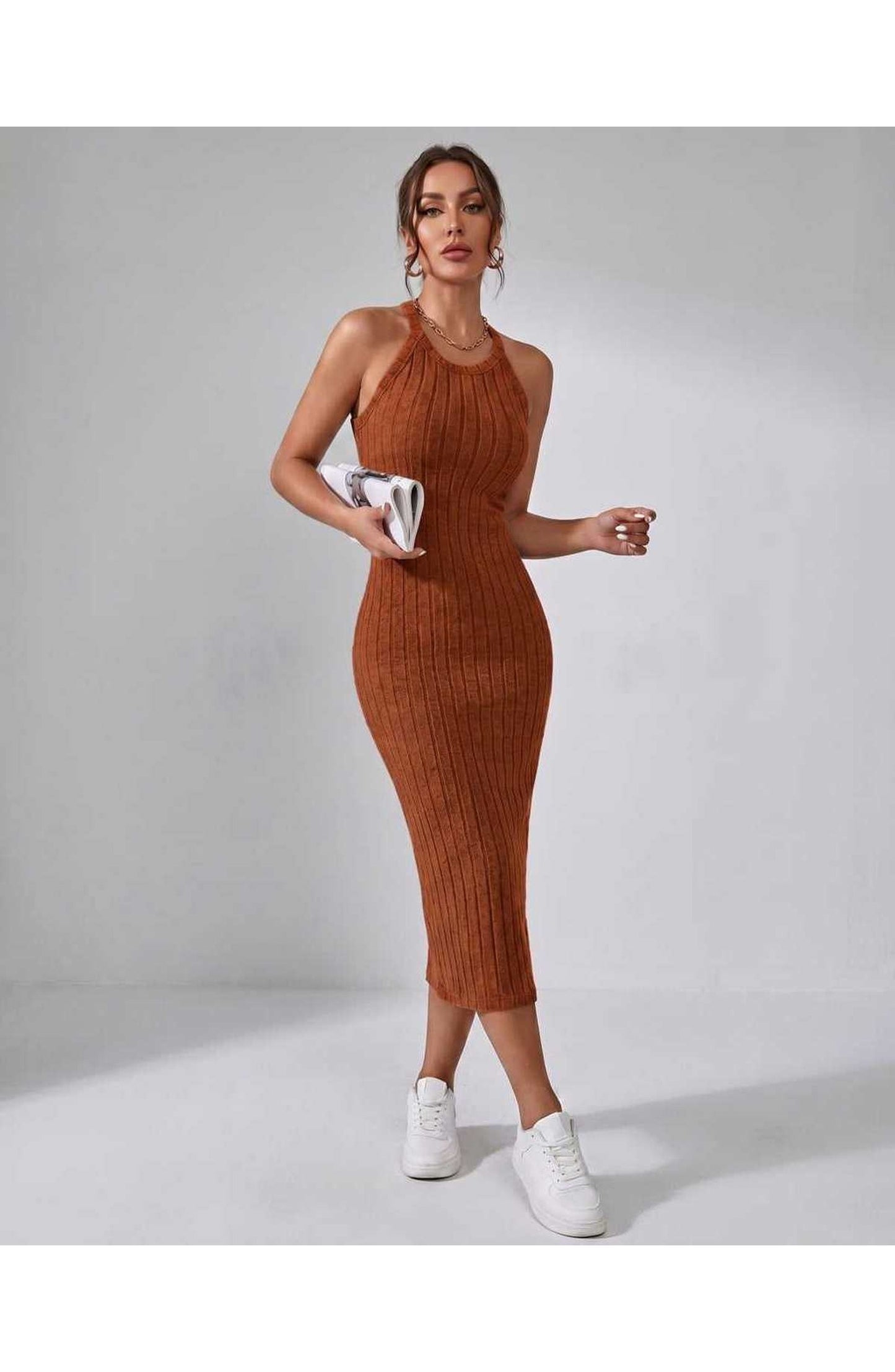 Jordane Dames Midi Jurk | Geribbeld | Mouwloos