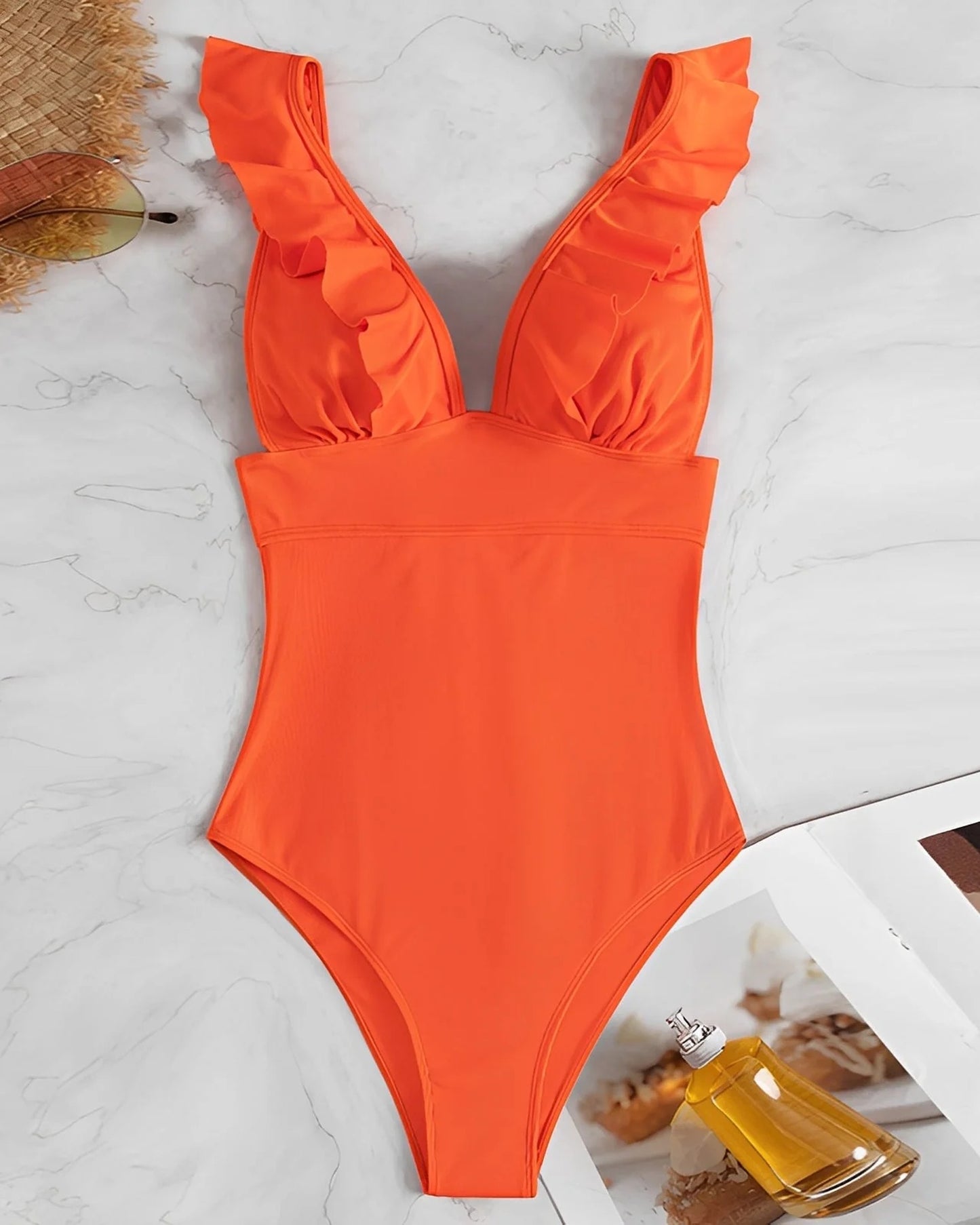 Maëline-Vianne Dames Badpak | Diepe V-Hals | Ruffle Schouderbandjes