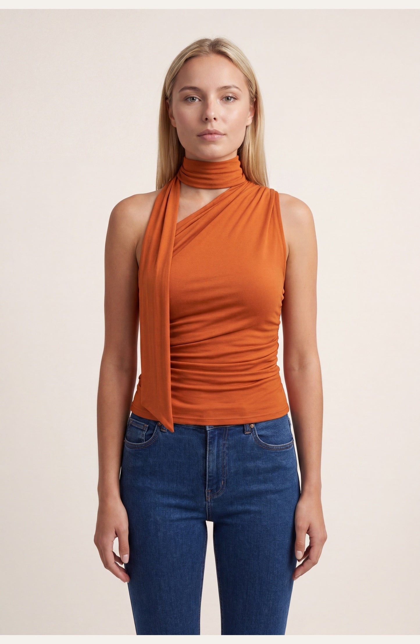Dames Oranje Top | Halterneck | Ruches