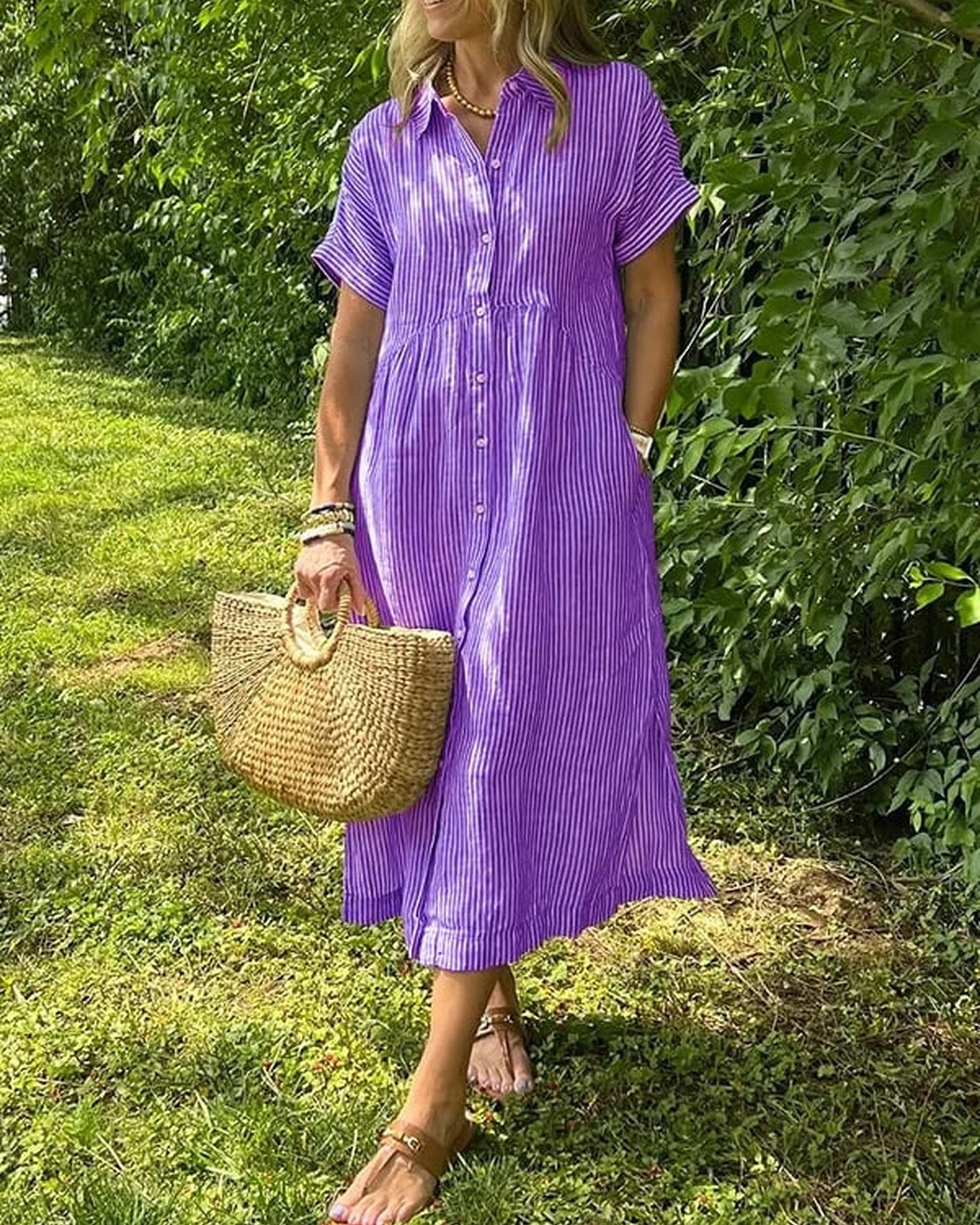 Annemie Dames Maxi Jurk | Streep & Knoopsluiting | Korte Mouwen