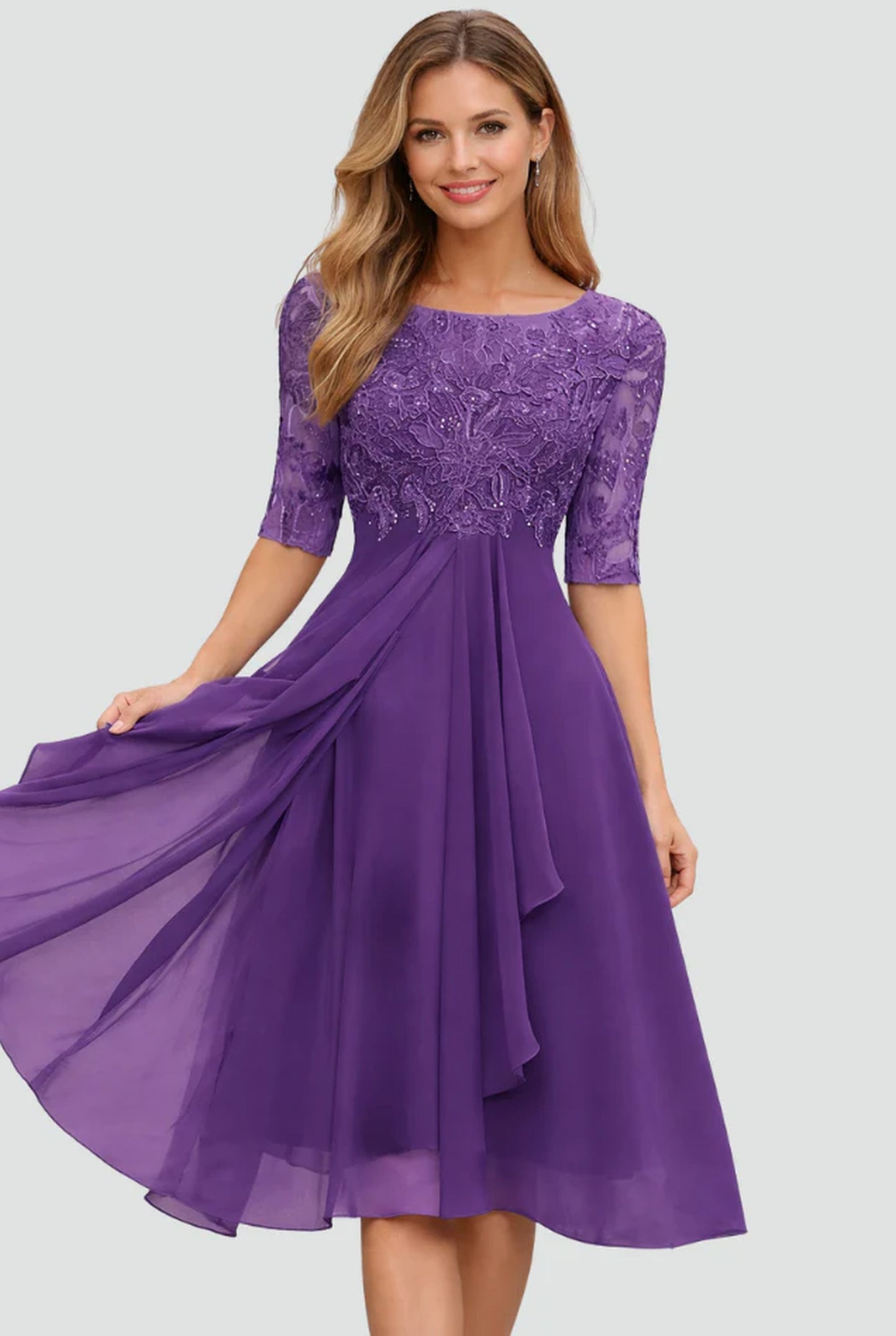 Adélie Dame Midi Kjole | Blonde Overlay Overdel | Udsvingende Chiffon Nederdel
