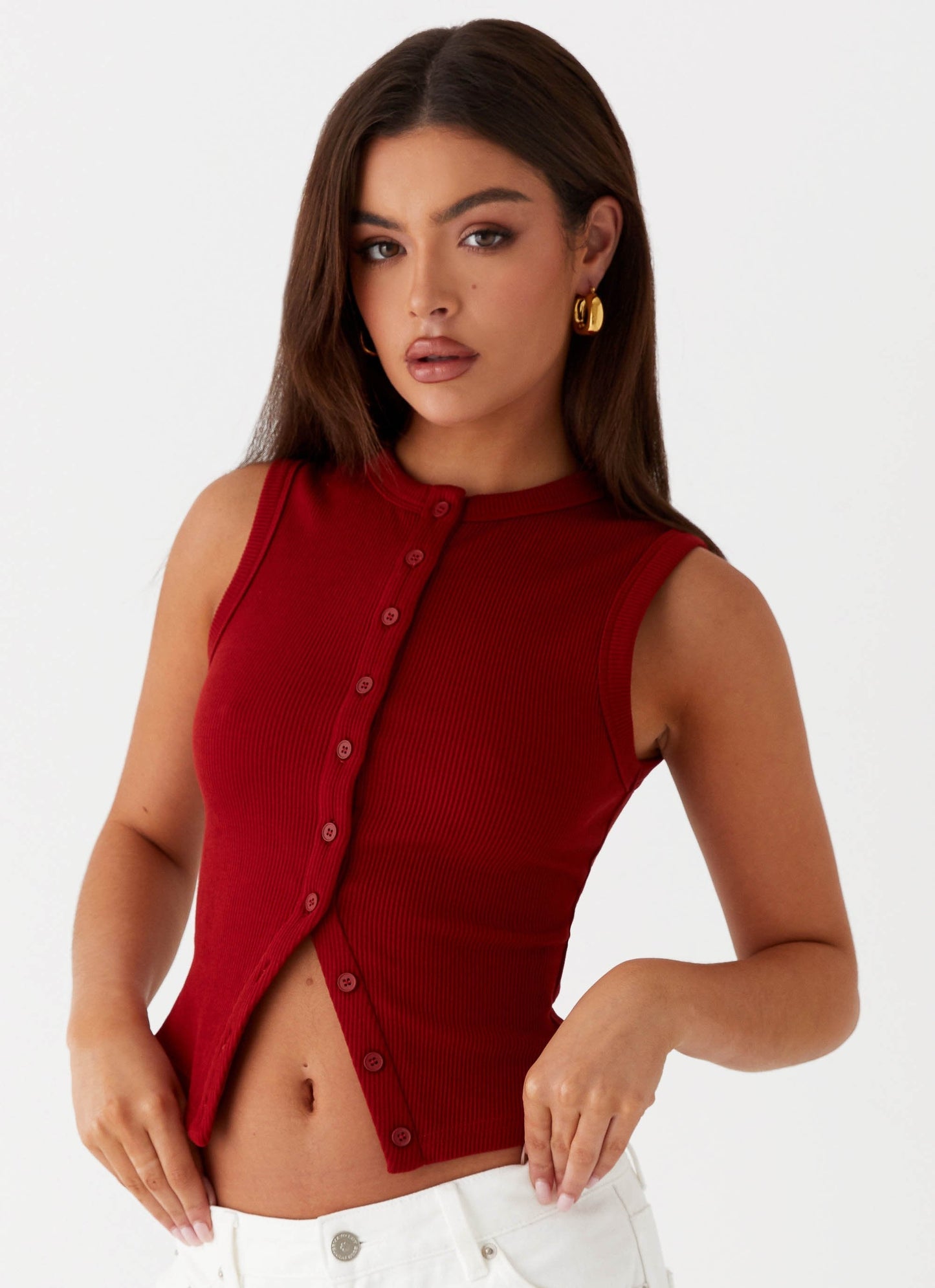 Nolani Geribde Tanktop – Mouwloze Top met Knoopsluiting 29