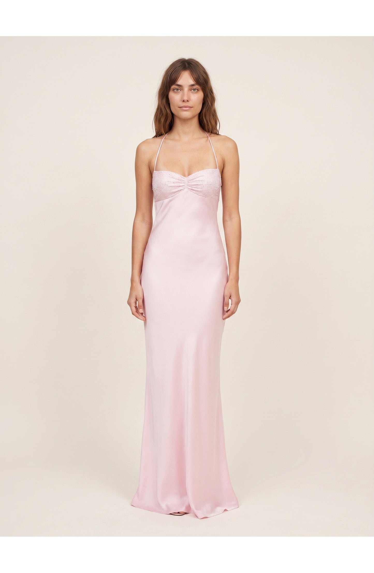 Liane Dames Maxi Jurk | Satijn Halter Neckholder | Geborduurd Bustier Detail