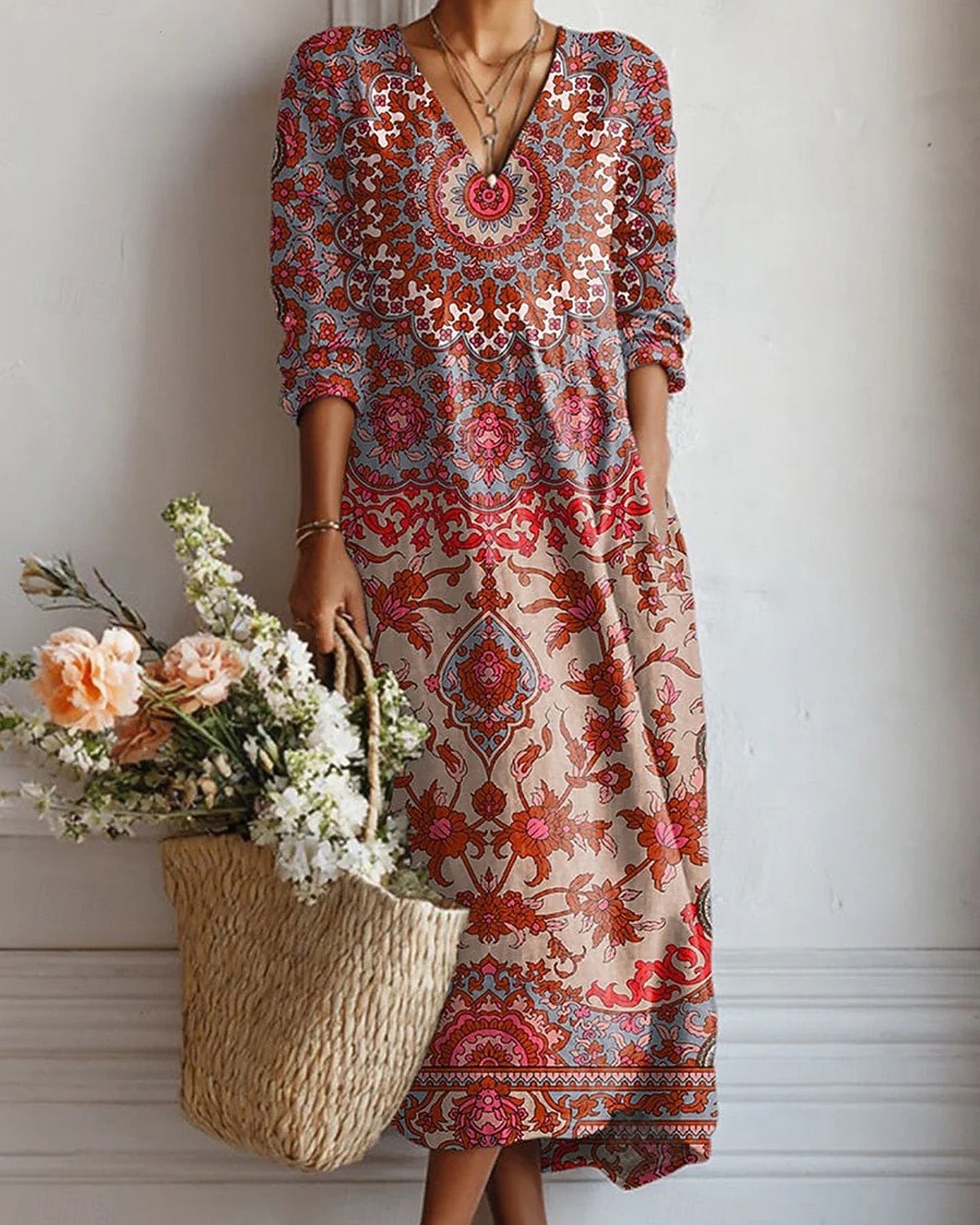 Adolphine Dame Midi Kjole | Blomsterprint | V-Hals med Knapper