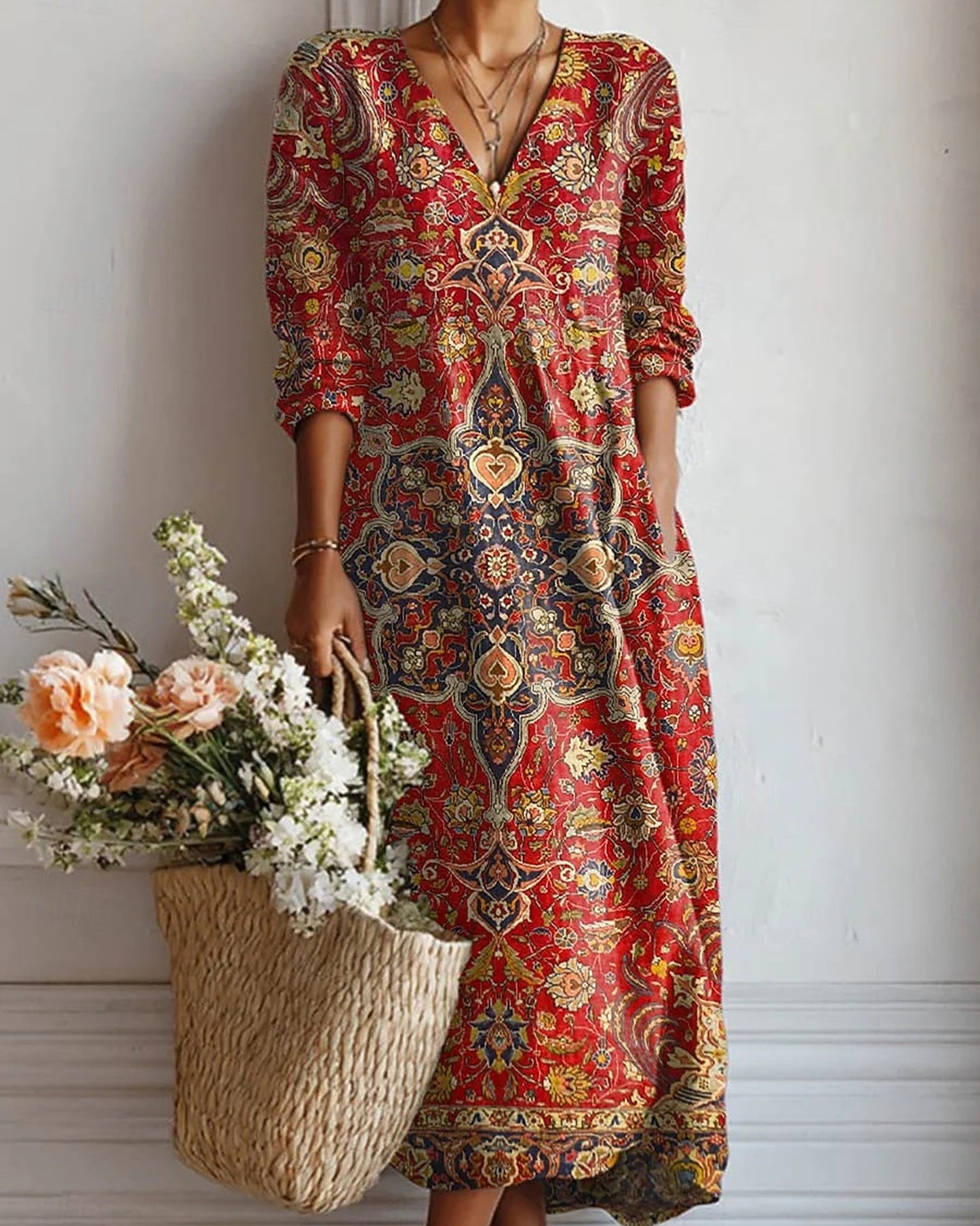 Adolphine Dame Midi Kjole | Blomsterprint | V-Hals med Knapper