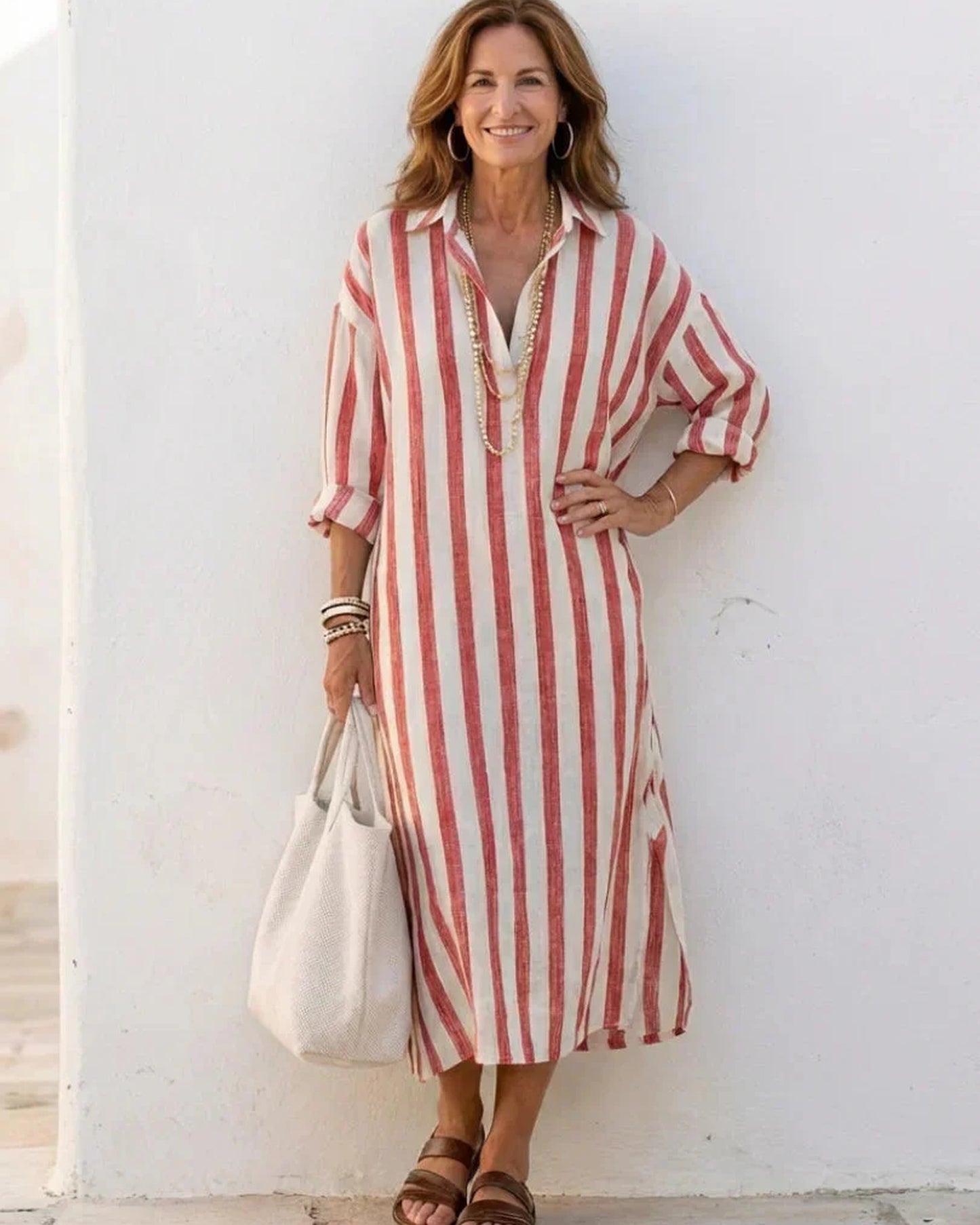 Anceline Dames Maxi Jurk | Verticale Streepprint | Oprolbare Mouwen