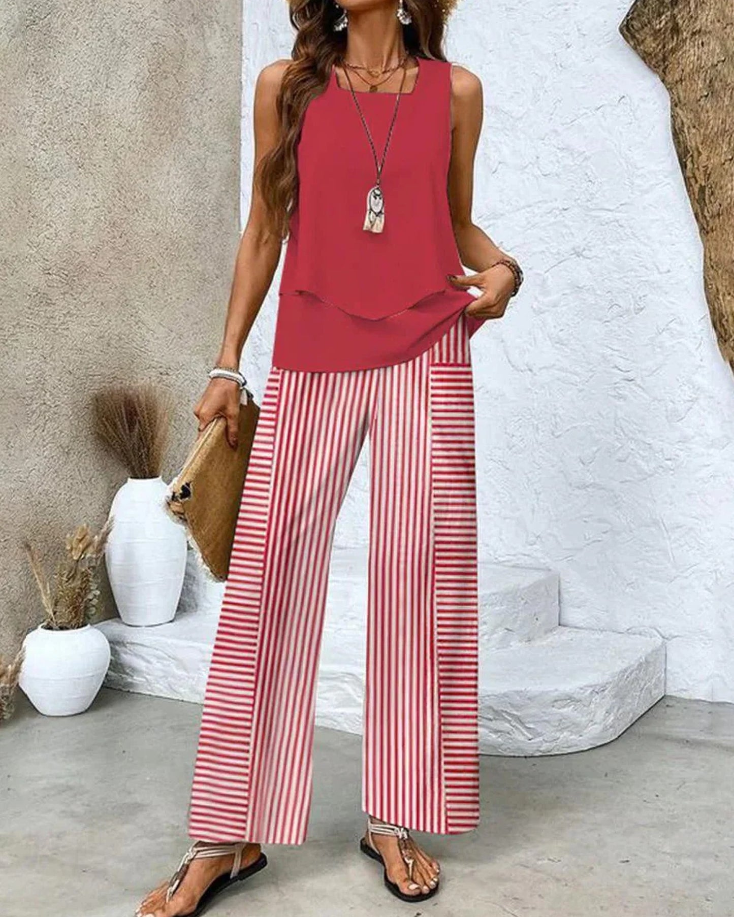 Circé Ladies Co-ord Set | Double Layer Top | Wide-Leg Palazzo Trousers